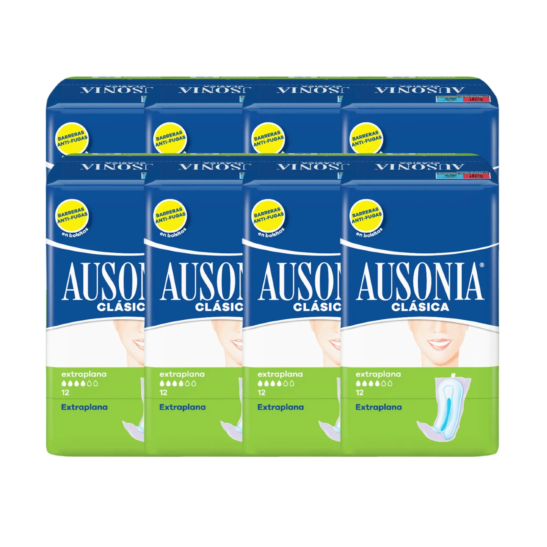 Ausonia Classic Normal Pads Pack of 8 with 12 units each, designed without wings for comfort and secure fit, ideal for normal flow during menstrual cycle. Perfect feminine hygiene solution for women. #1