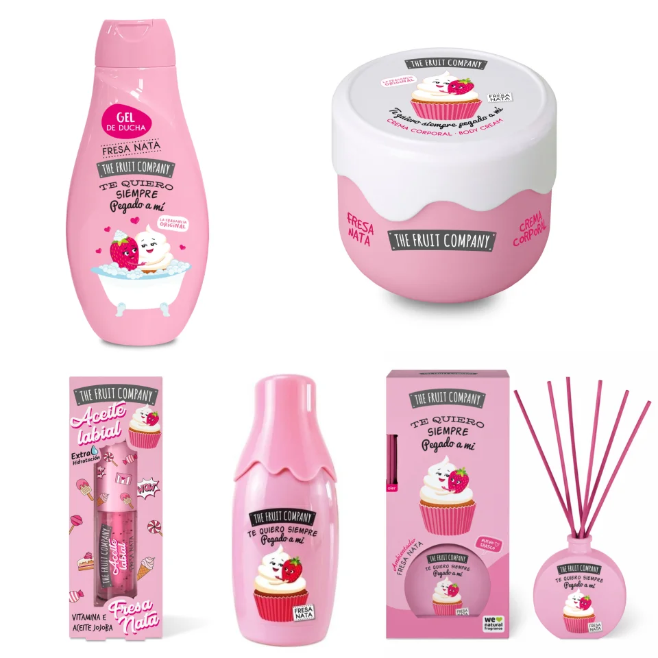 CAJA MINI FRESA Y NATA Gel de ducha + Crema corporal + Eau de toilette + Mikado + Ambientador multiusos "The fruit company"