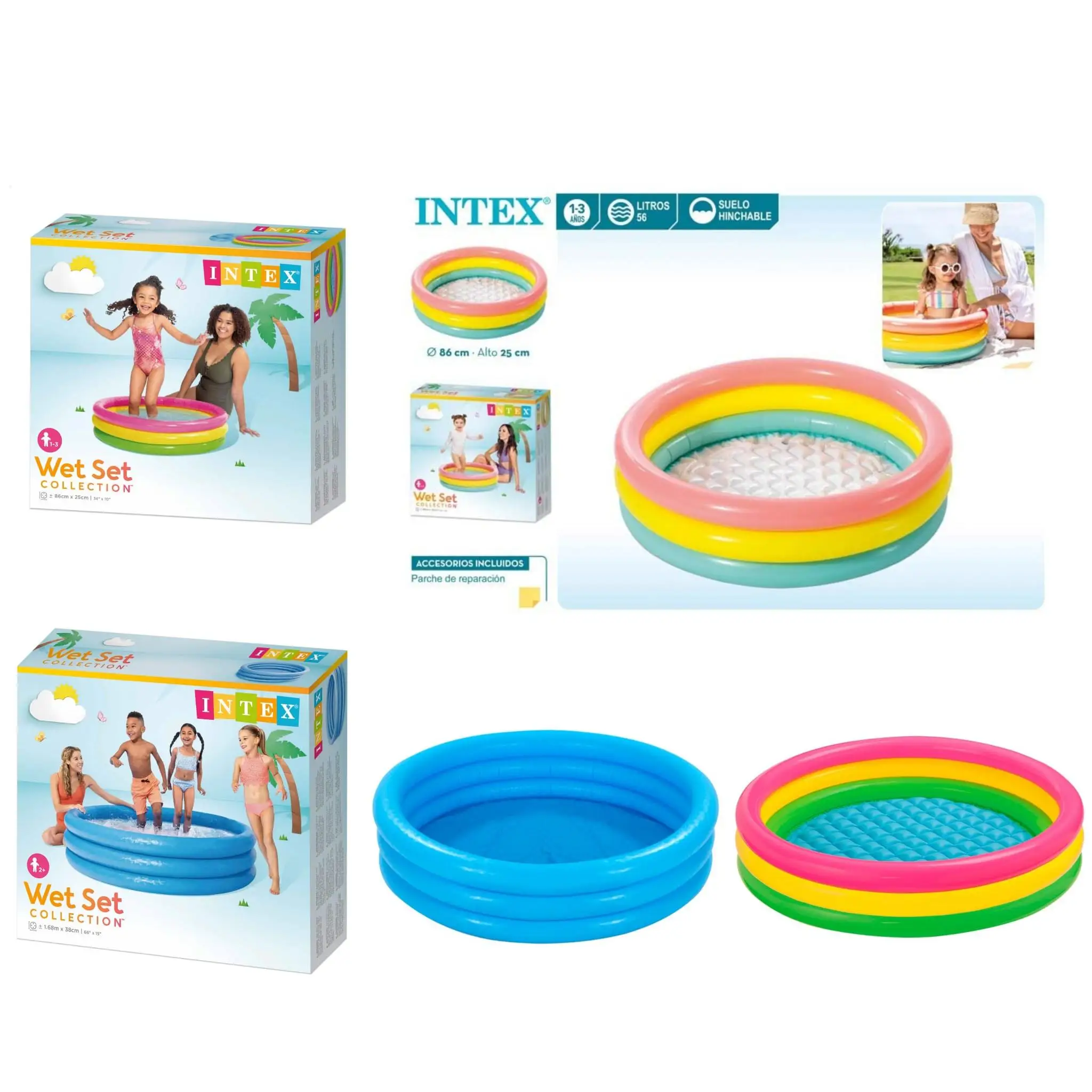 Intex piscina hinchable 3 aros piscina para ñiños muticlor y azul surtidos de modelo a elegir  86cm,114cm,147cm ,168cm Piscina tricolor redonda para bebes, niños y adultos gran calidad oficial