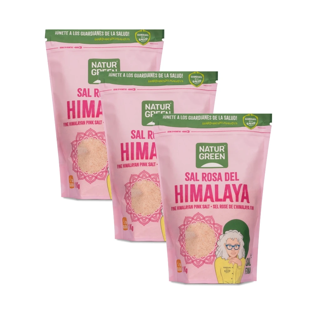 Sal Rosa del Himalaya Fina Pack de 3x 1kg Sin refinar Rica en minerales Uso culinario y nutricional NATURGREEN