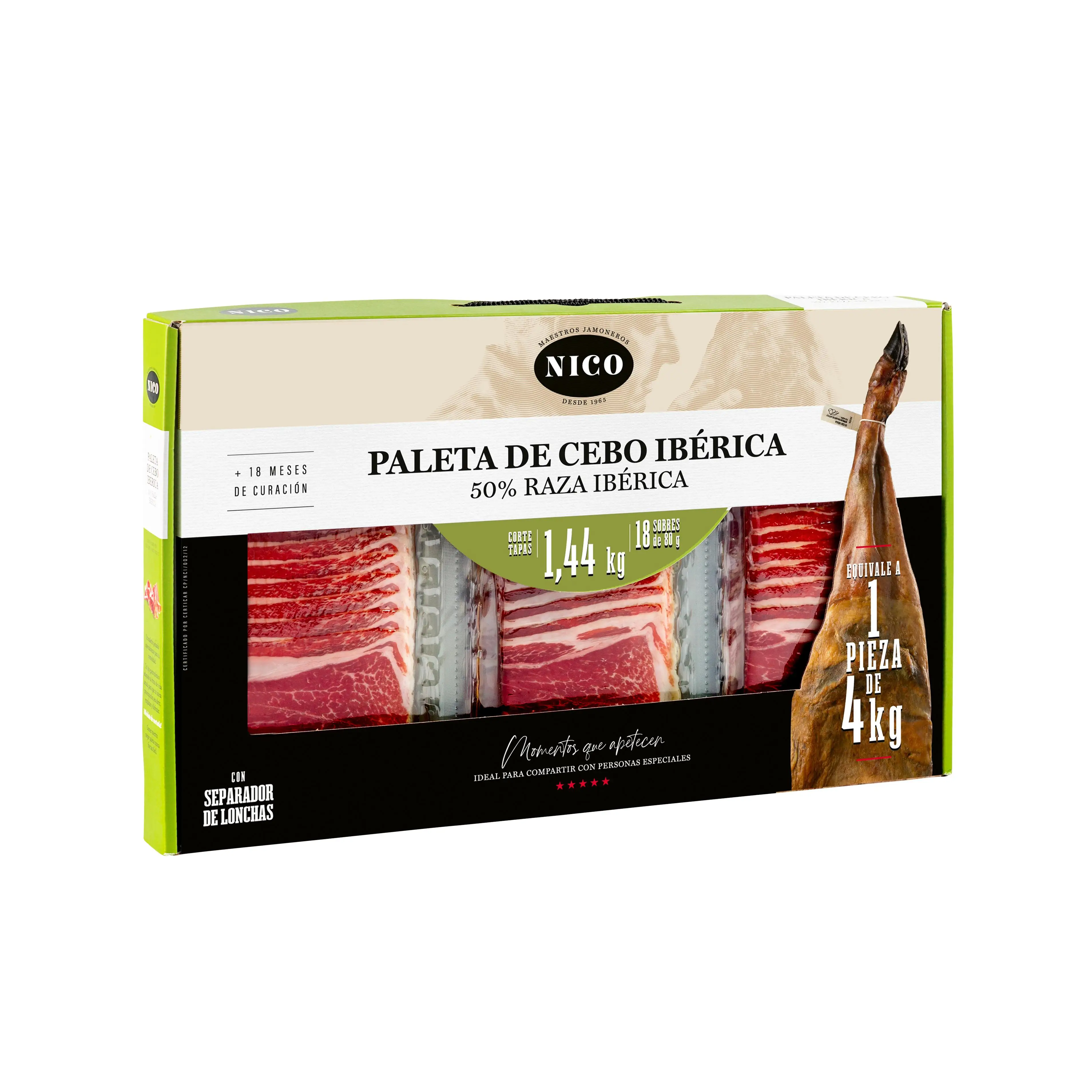 Nico Jamones - Loncheado de Paleta de Cebo Ibérica 50% | Sabor Gourmet. Compuesto por 18 sobres de 80gr.