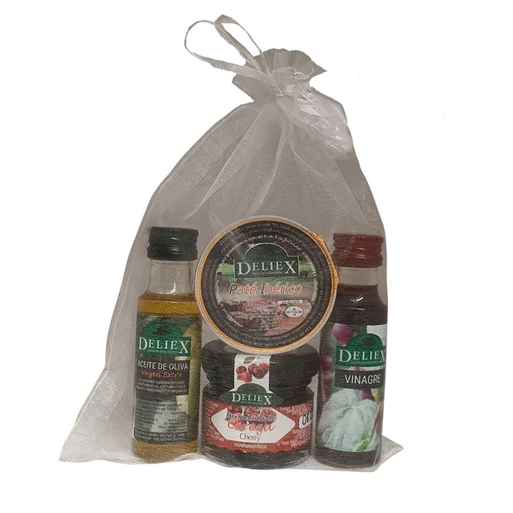 Deliex. Detalle combinado con Aceite de Oliva, vinagre, mermelada de cereza y monodosis de paté ibérico para regalar (Pack 24 ud)