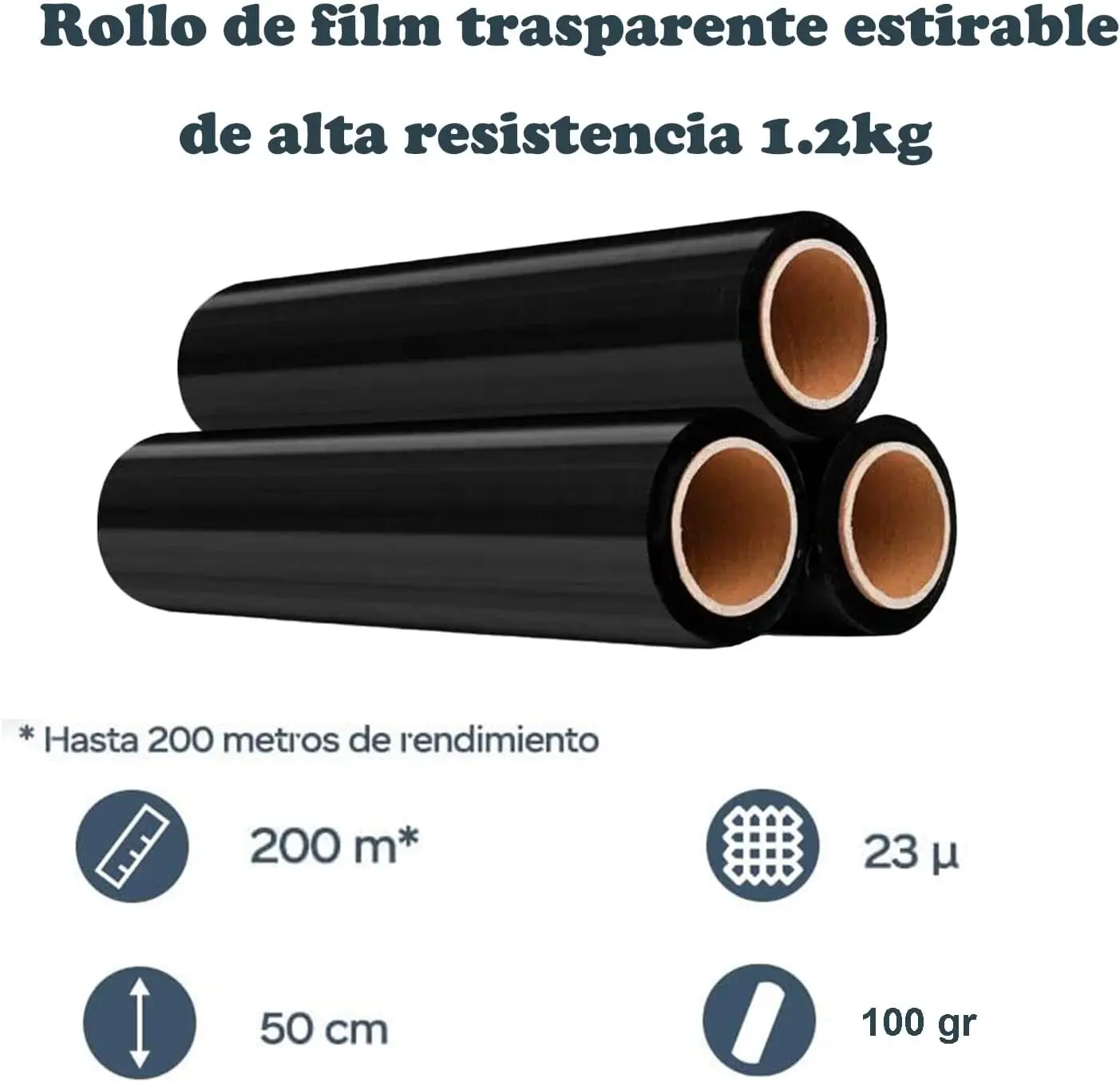 Transparent or Black Film for Packing 50cm X 200m, 23 Microns Paper Roll Resistant Plastic Film with High Elasticity for Moving and Shipping (Black Packaging Film, 6 Rolls)