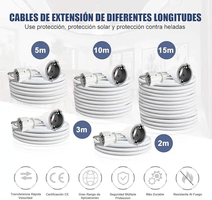 Power Extension Cable 2, 3, 5, 8, 10, 15M with Protection Plug, Max Power 3680W, 3G*1.5 mm², 230V, 16A, ideal for Home and Office use, stylish white design for durable and safe connections. #6