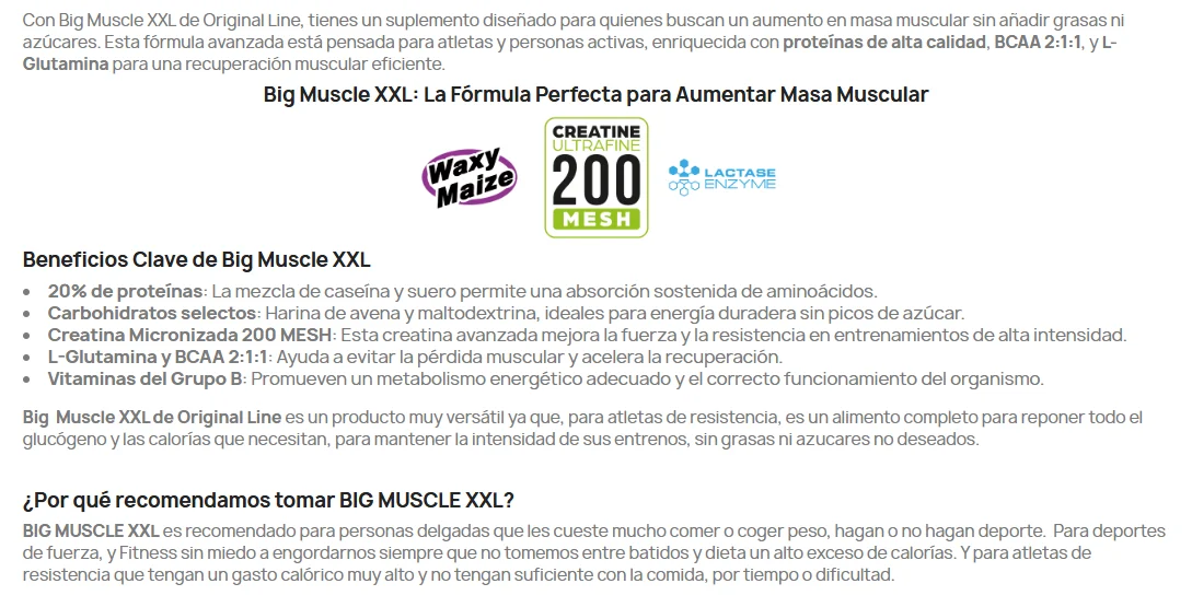 Perfect nutrition - big muscle xxl - various flavors - 2720g - 45 services - shaker gift - you can gain weight in a balanced way with whey and casein proteins, oat carbohydrates, creatine and essential amino acids to gain muscle mass