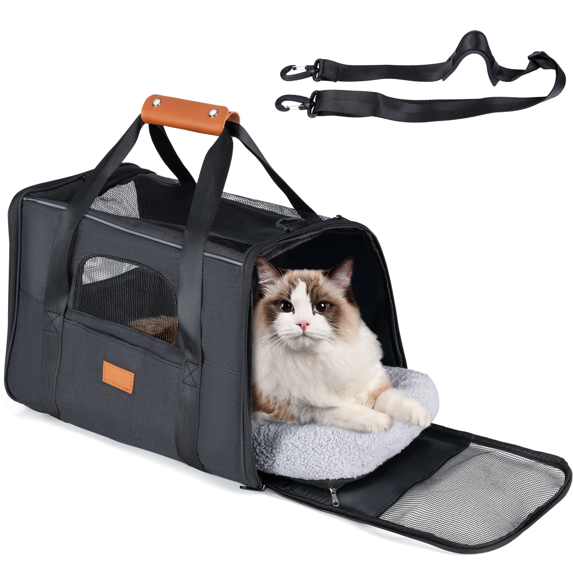 T-LoVendo - Transportin Perros y Gatos. Bolsa de Transporte Viaje Transpirable Mascotas. Bolso con colchón. Tres Puertas. Medidas 12x44x24cm. Aprobado por Las aerolíneas. Paseos, avión, Coche, Tren,