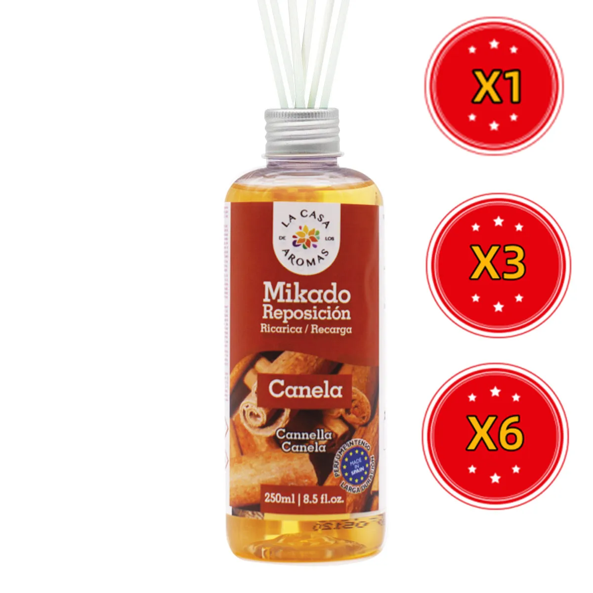 Plushome Ambientador Mikado Repo Aromatizante en Varillas - Variedad de Esencias - Canela, Azahar, Canela Naranja, Frutos Rojos - 250ml, 500ml y 1L