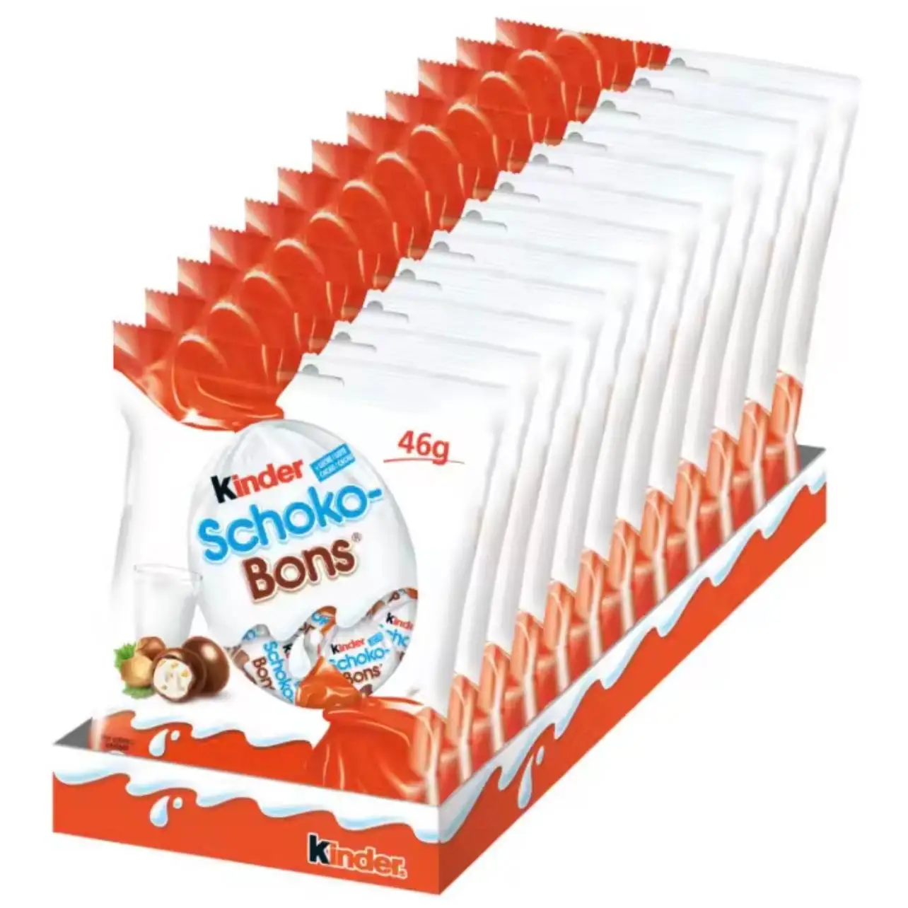 Kinder Schoko Bons - Deliciosas bolitas crujientes con trocitos de avellana y recubierto de una capa de chocolate. Perfectas para compartir - Contiene 12 bolsas de 46g cada una. Sin gluten