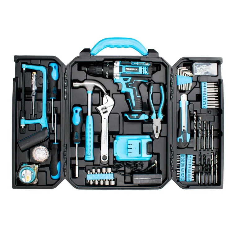 Maletín de Herramientas Ferrestock Súper Completo con Taladro Percutor de 21V y 2 baterías además de un Set de Gerramientas con Destornilladores, Alicates, Martillo, Sierra, Brocas y más de 80 Piezas
