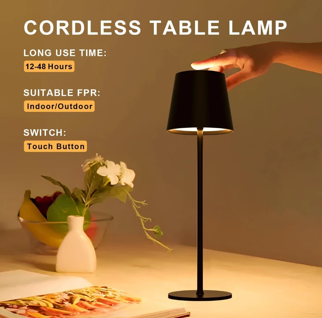 LED Wireless Dimmable Table Lamp, Rechargeable Battery Table Lamp with Touch Control, IP44 Waterproof Outdoor Desk Lamp with USB-C for Terraces, Restaurant, Black