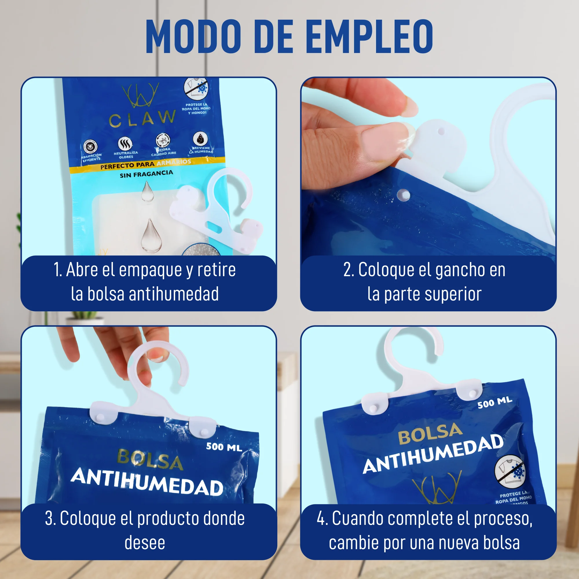 Claw project pack of 12 anti-humidity bags wardrobe clothes – dehumidifier hanging garage hanger – eliminates bad odors – moisture absorbent storage room, windows, boats - eliminate moisture room - neutralizes odors