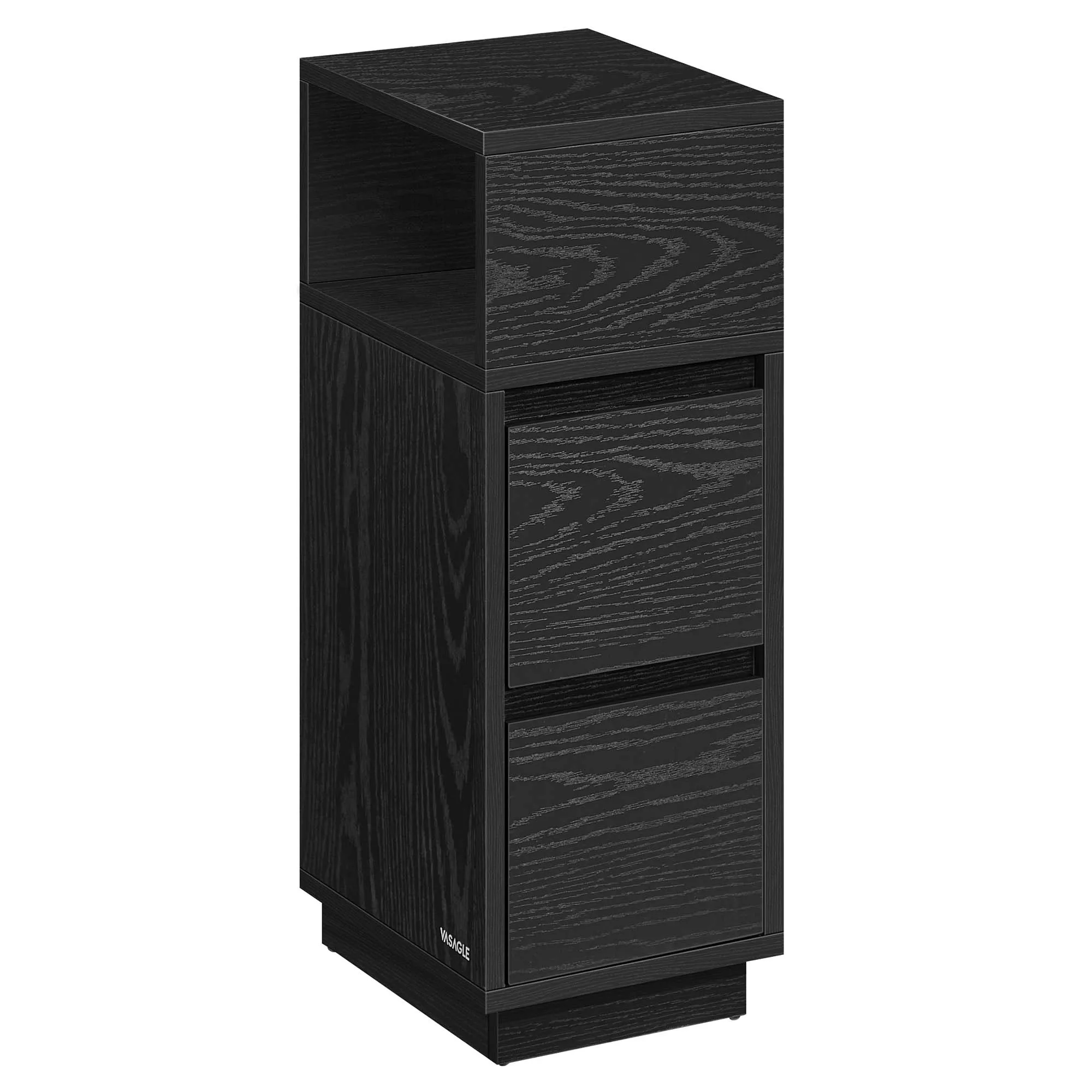 VASAGLE Mesita de Noche Estrecha, Mesa Auxiliar con 2 Cajones y Compartimento Abierto, Encajable a la Izquierda o a la Derecha, Dormitorio, Salón, Negro Ébano/Beige Natural y Blanco Nube /Blanco Nube