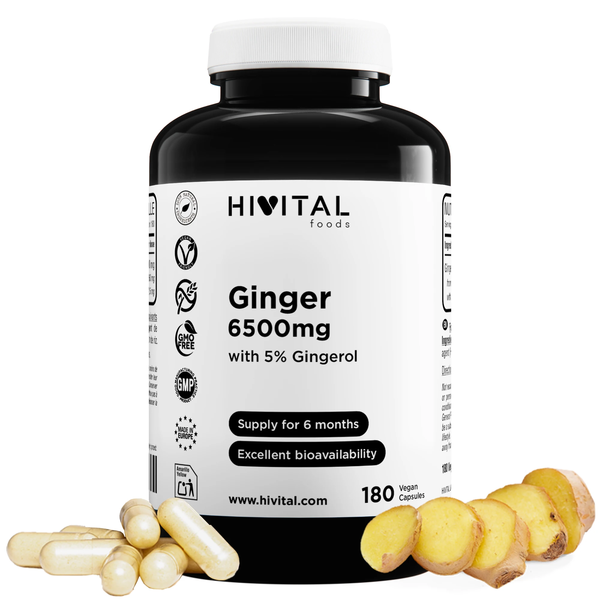 Jengibre 6500 mg | 180 cápsulas veganas. Hivital