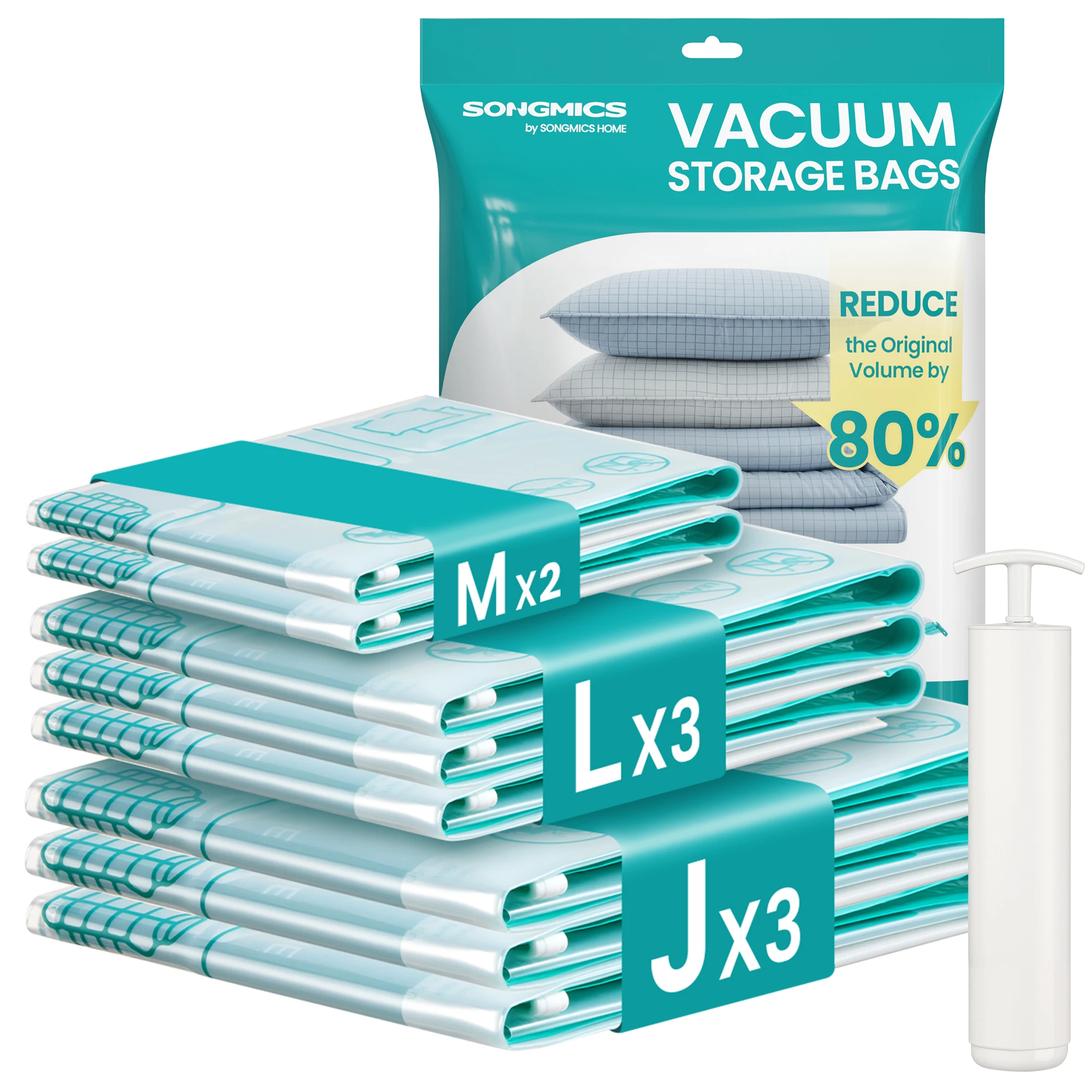 SONGMICS Bolsas de Almacenamiento al Vacío, Bolsa de Almacenaje para Ropa, Sábanas, Armarios y Viaje, Compactas y Reutilizables, Bomba Manual Incluida, Juego de 8, 2M/3L/3J, Transparente