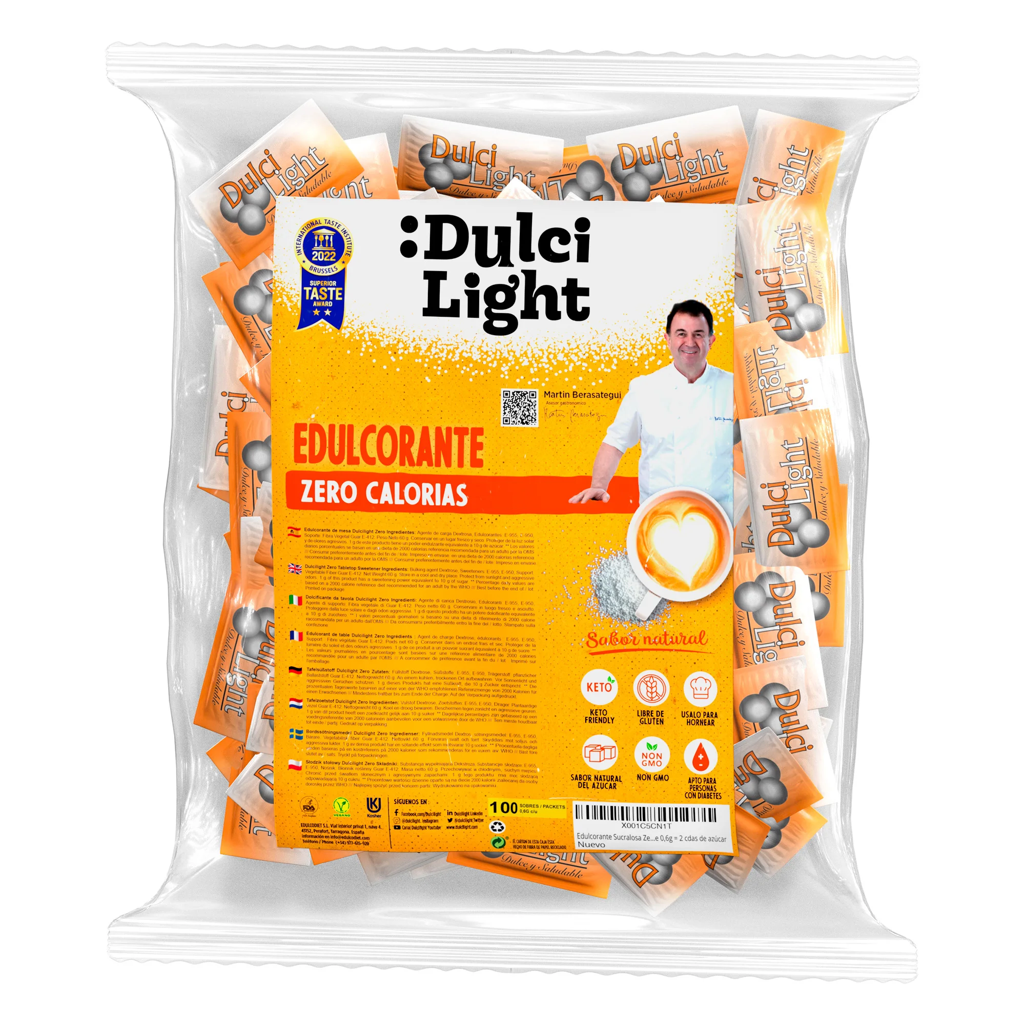 Dulcilight Edulcorante Sucralosa Zero bolsa de 100 Sobres  Sabor Natural  Granulado con Fibra Vegetal  keto 1 sobre 0,6g = 2 cdas de azúcar No OMG  edulcorante sobres
