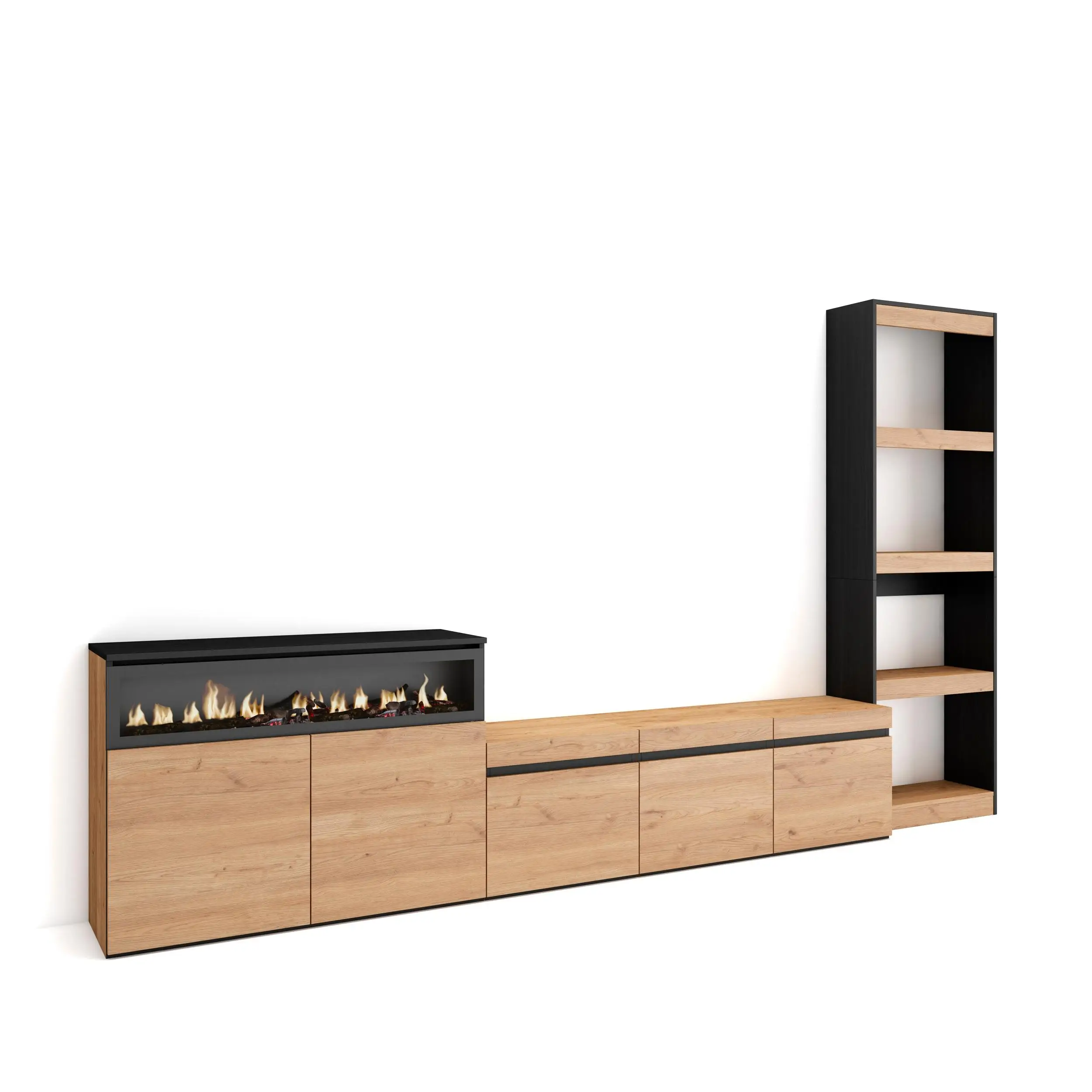 Skraut Home-living room furniture set-shelf-furniture TV with three doors-sideboard with two doors and fire led 3d effect-wood grain-High quality porous touch-modern style-total measures 310x35x186cm