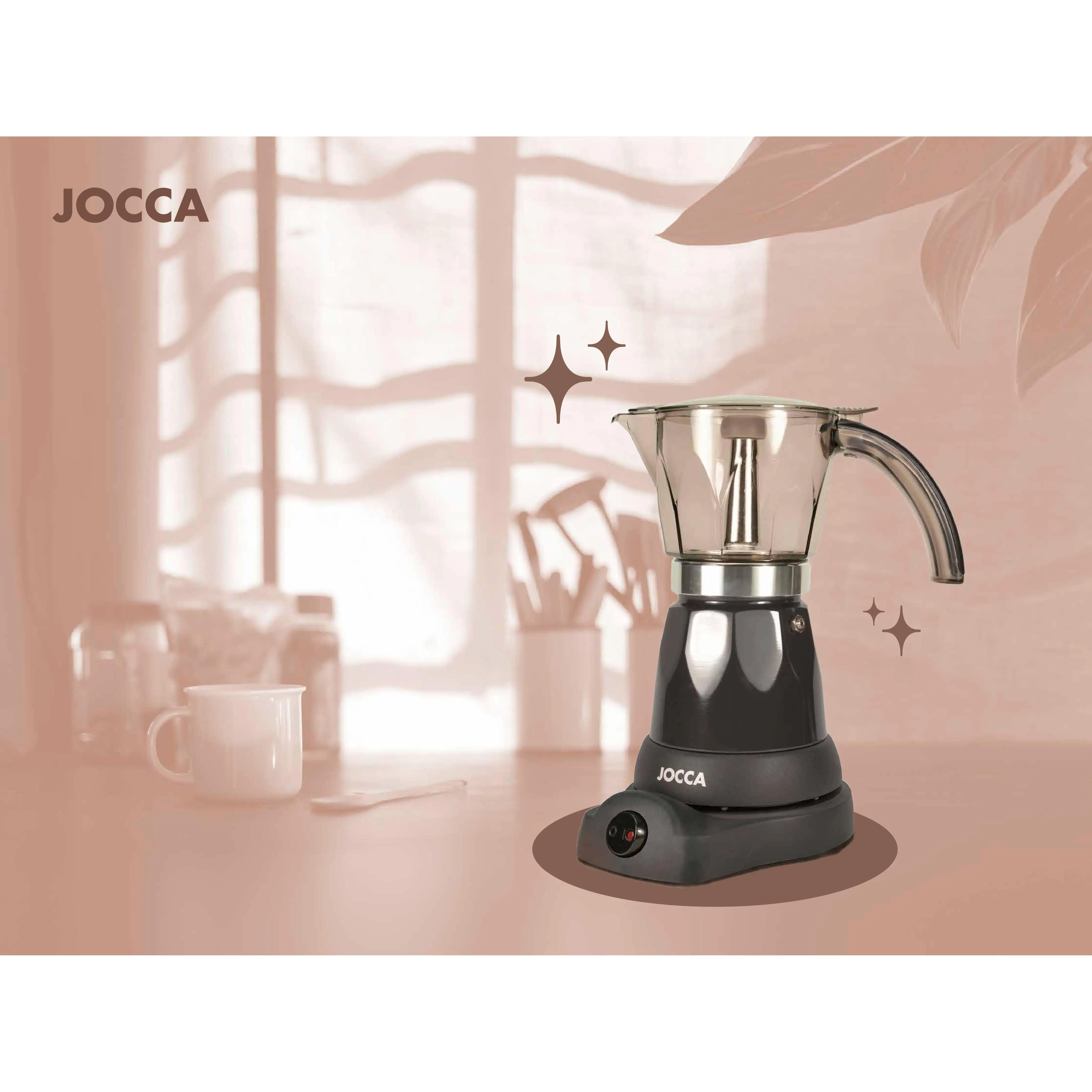 Cafetera italiana Jocca con base eléctrica que permite girar la cafetera 360º, sistema que mantiene el café siempre caliente con protección contra