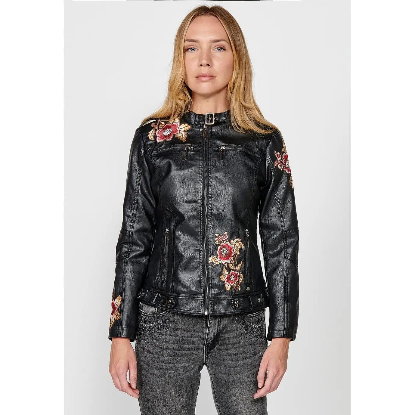 Koroshi women's black zipper front closure embroidered floral details fur effect jacket