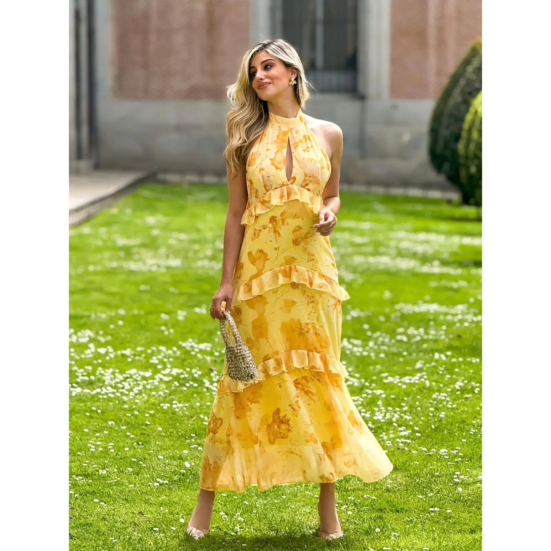 Vestido Midi Mujer Chiffon Estampado Floral con Volantes, Escote Halter y Espalda Descubierta, Vestido Elegante para Invitada de Boda, Fiesta y Eventos, Disponible en Amplia Gama de Colores