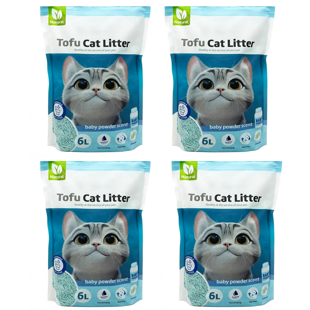 4Pcs Arena Aglomerante para Gatos Arena de Tofu para Gatos sin Polvo Fácil de Aglomerar Controla los Olores se Lanza en el Inodoro Sabor Baby Powder
