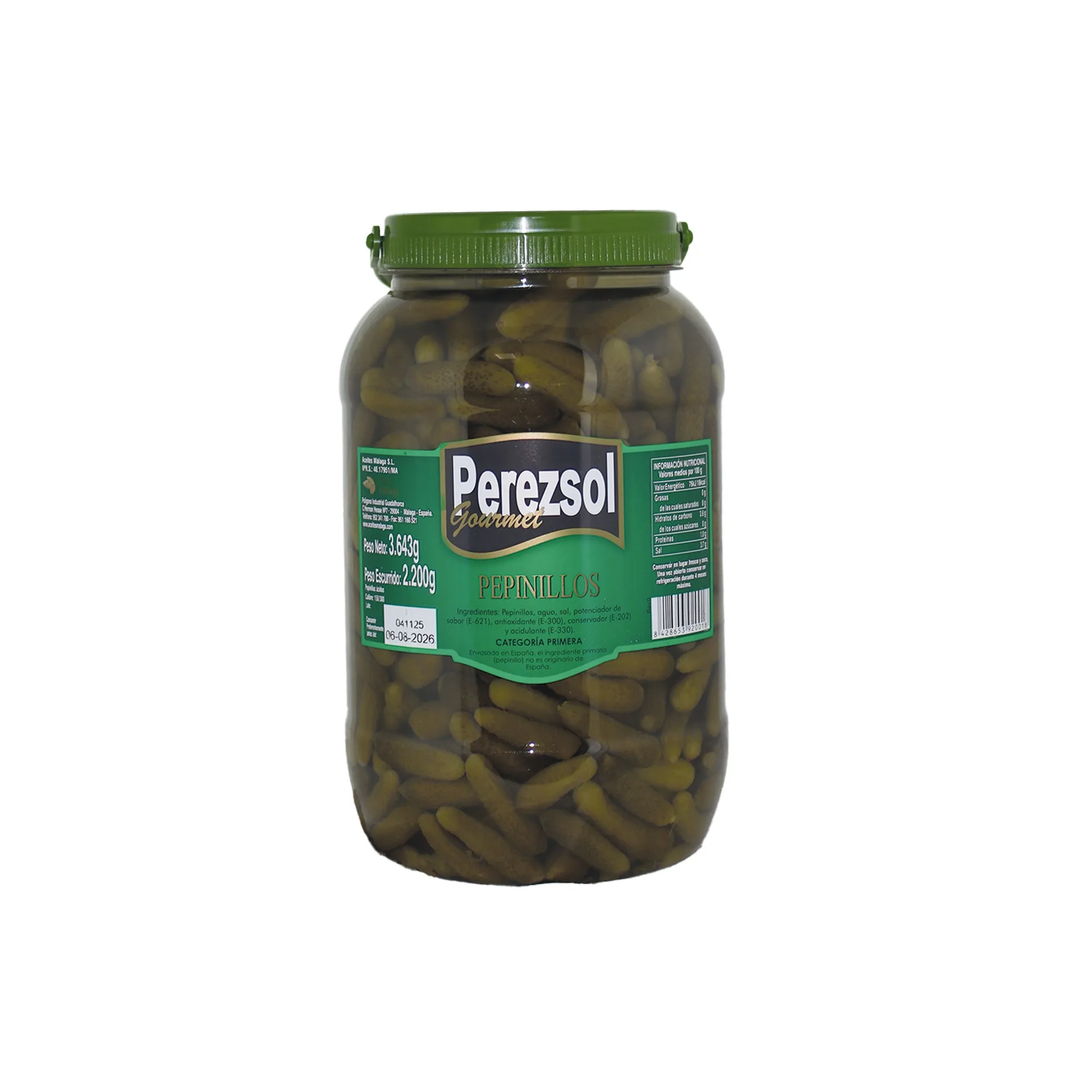 PEREZSOL PEPINILLOS PEQUEÑOS EN VINAGRE | BOTE PET 3 KG ( 2.20KG ESC ) | CALIBRE 150-300 | HOSTELERÍA Y RESTAURACIÓN