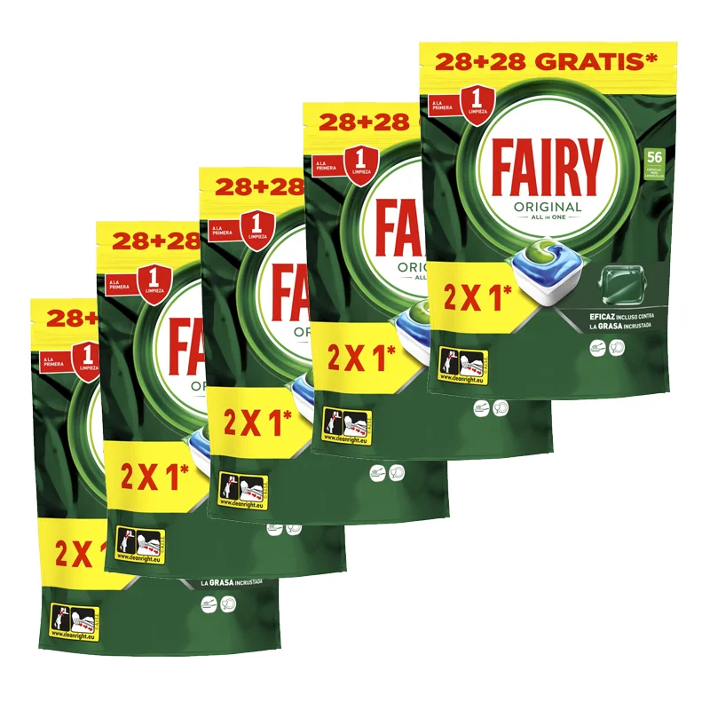Fairy Original Todo En Uno - Pack de 5 Bolsas de 56 Cápsulas para Lavavajillas (280 Cápsulas) - Elimina Grasa y Resequedad, Detergente con Aroma Limpio y Fresco