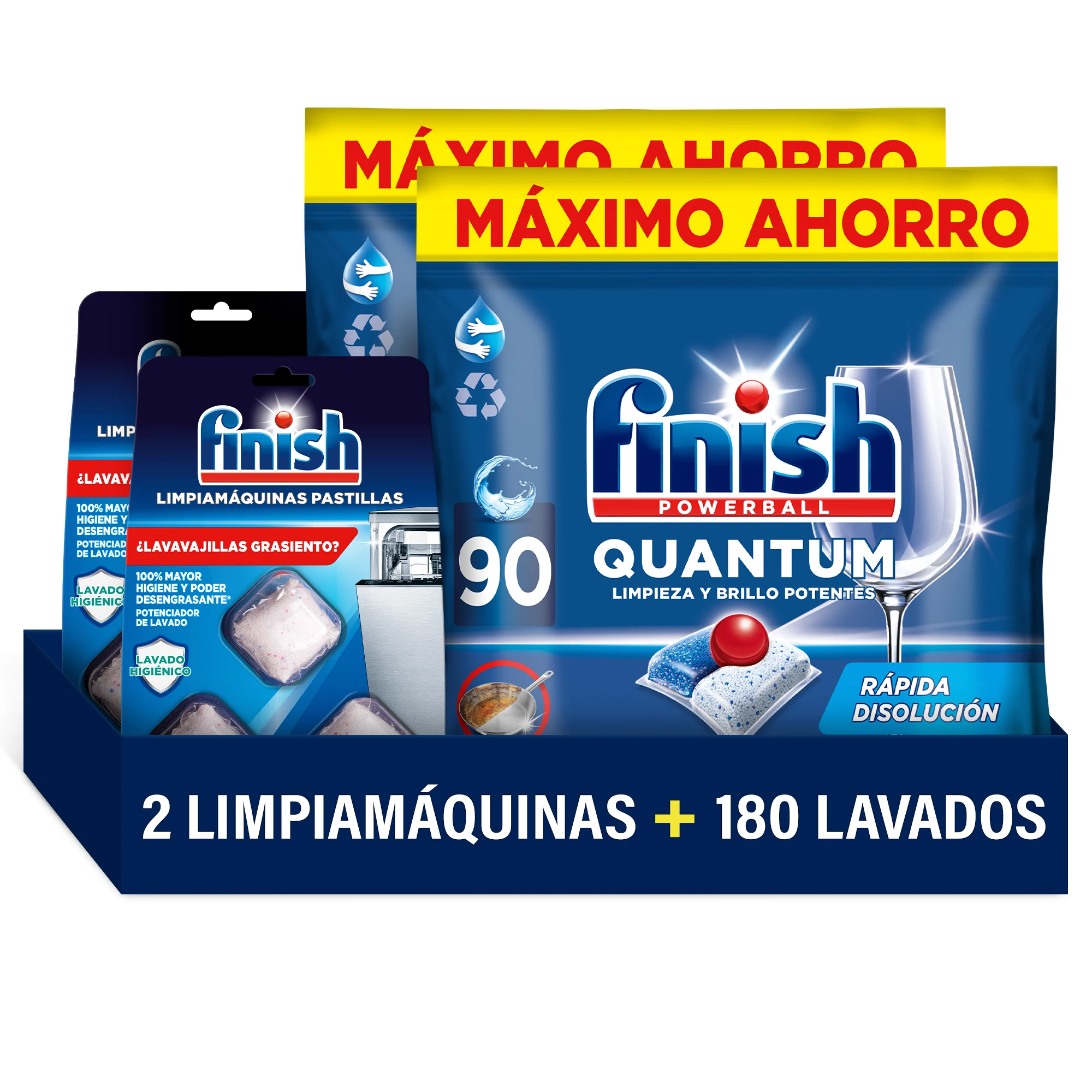 Finish Powerball Quantum 180 Pastillas para Lavavajillas + 6x Limpiamáquinas en Pastillas, Limpieza y Brillo Potentes, Aroma Regular Formato 2x90