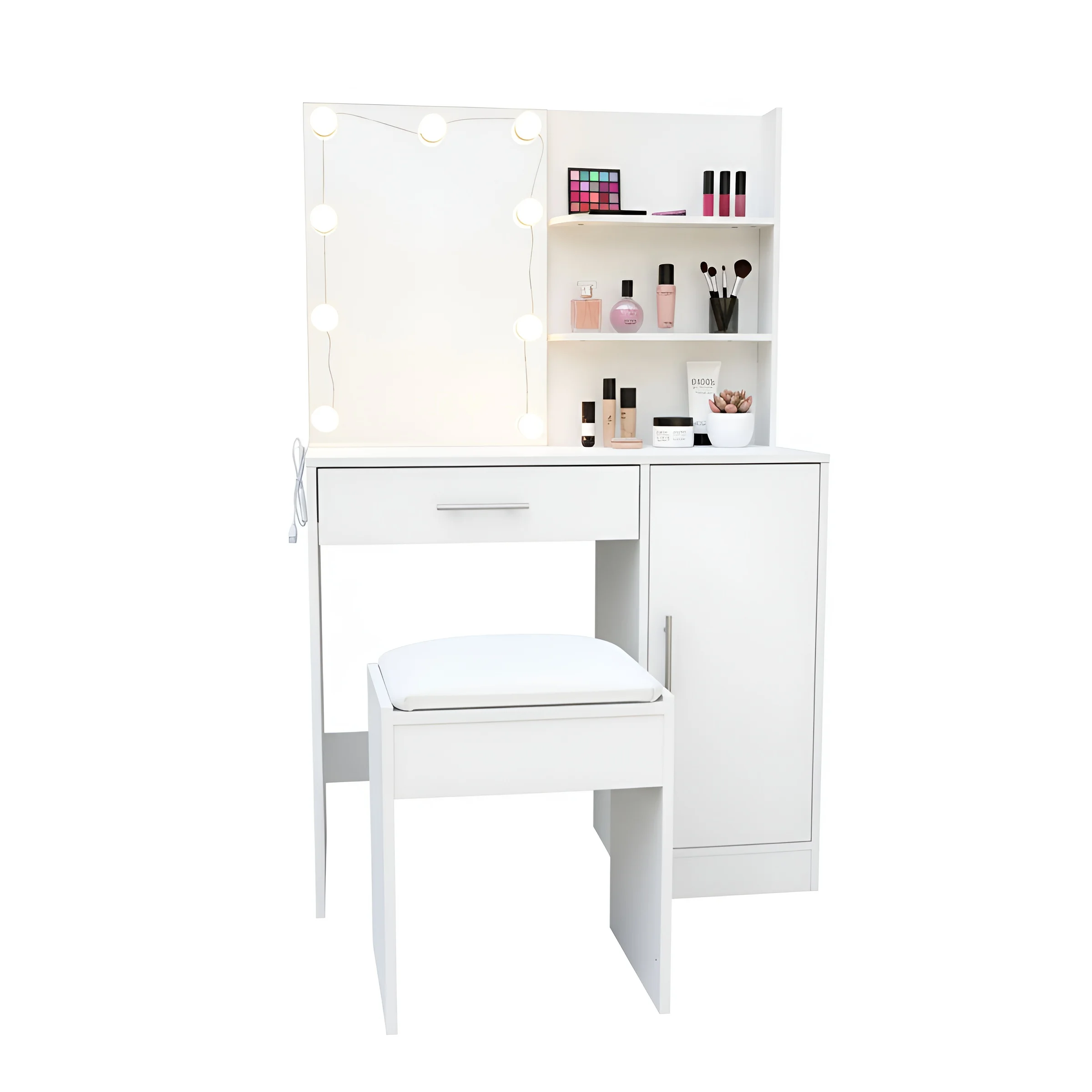 Tocador Maquillaje con Espejo LED 90x40x135 cm | 3 Modos de Iluminación | Estantes Laterales Abiertos | Cajón Amplio y Armario con Doble Altura | Encimera Extra Grande para Cosméticos y Accesorios |