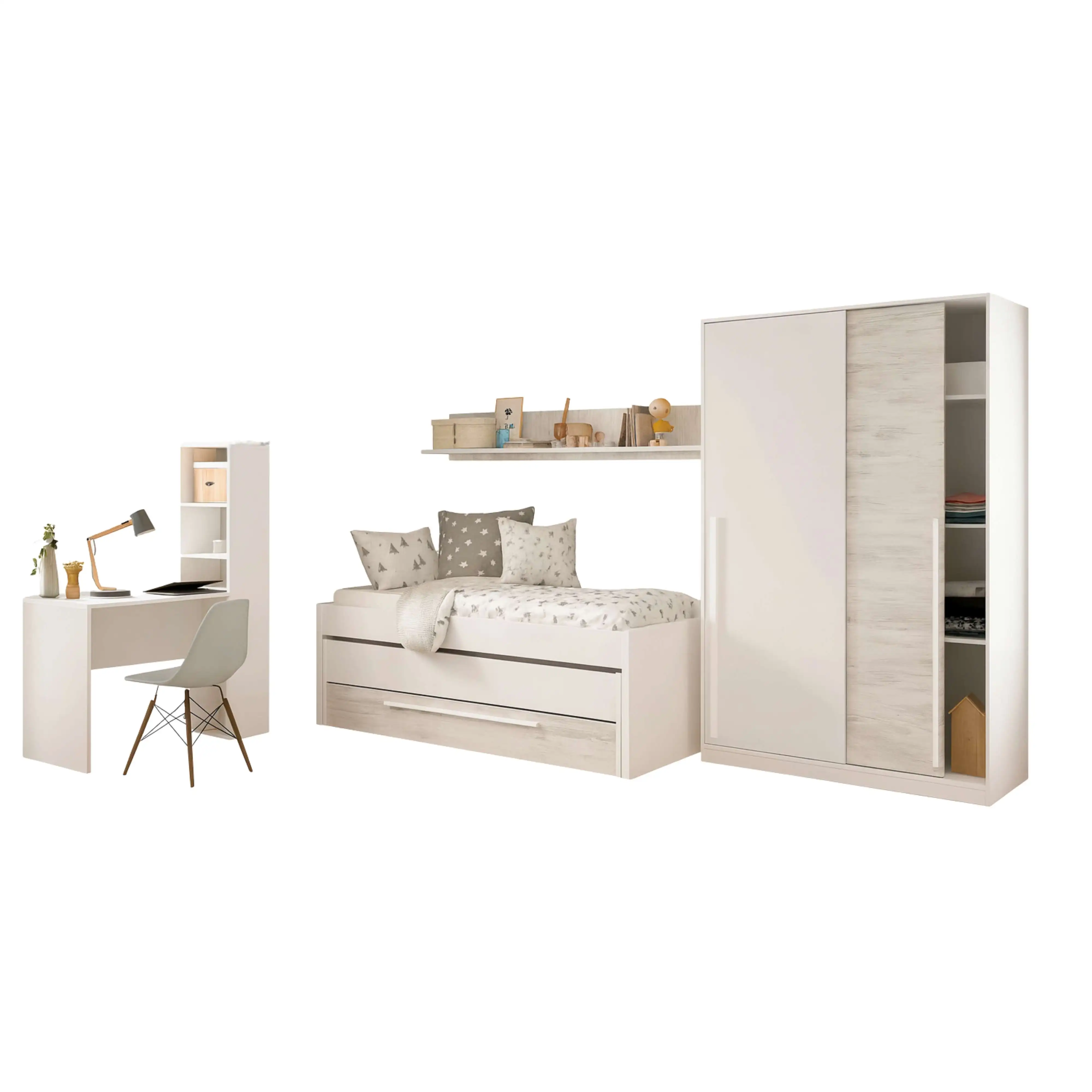 Miroytengo Pack Muebles Dormitorio Juvenil Completo en Color Blanco y Roble Claro Cama + Armario (Diferentes Opciones en Escritorio)