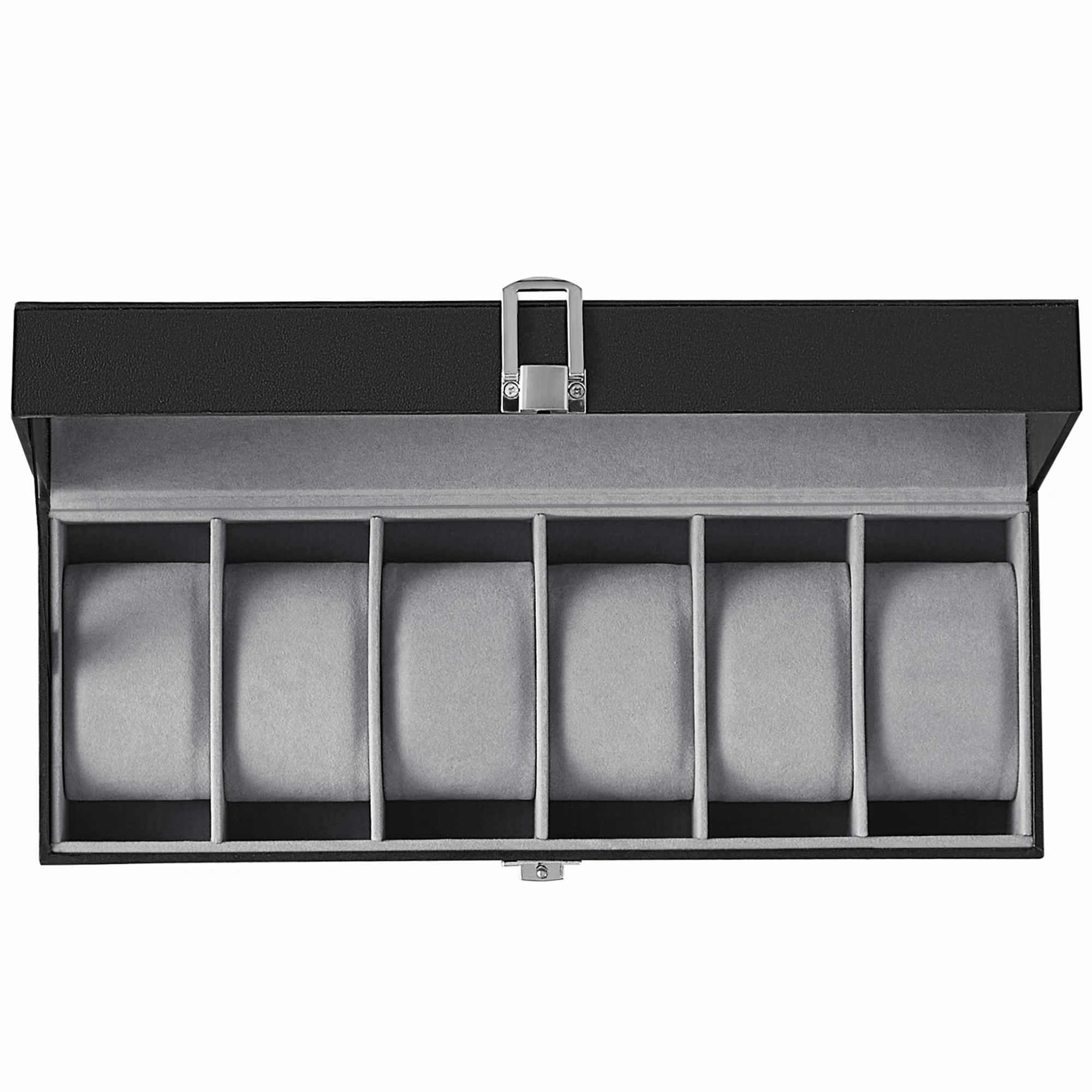SONGMICS Caja de Relojes con 6 Compartimentos, Estuche de Relojes con Tapa de Cristal,Cojín Extraíble,Cierre Metálico, Negro y Gris Verdoso/Marrón/ Negro/Negro y Rojo Vino/Blanco Nube y Beige