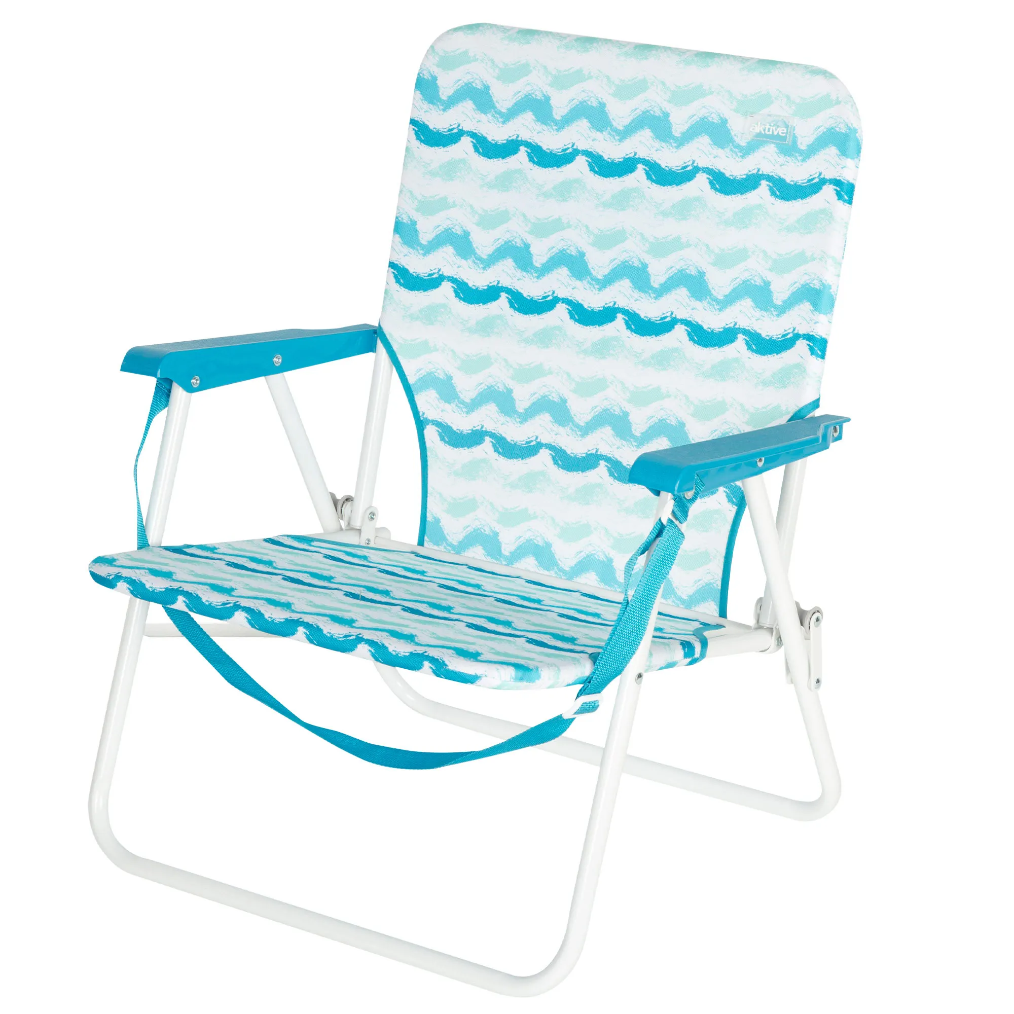 Aktive - Silla de playa plegable con respaldo bajo, bolsillo trasero y asa de transporte, estructura de acero, asiento de poliéster, ligera y compacta, 45x40x70 cm, estampado azul Maldivas