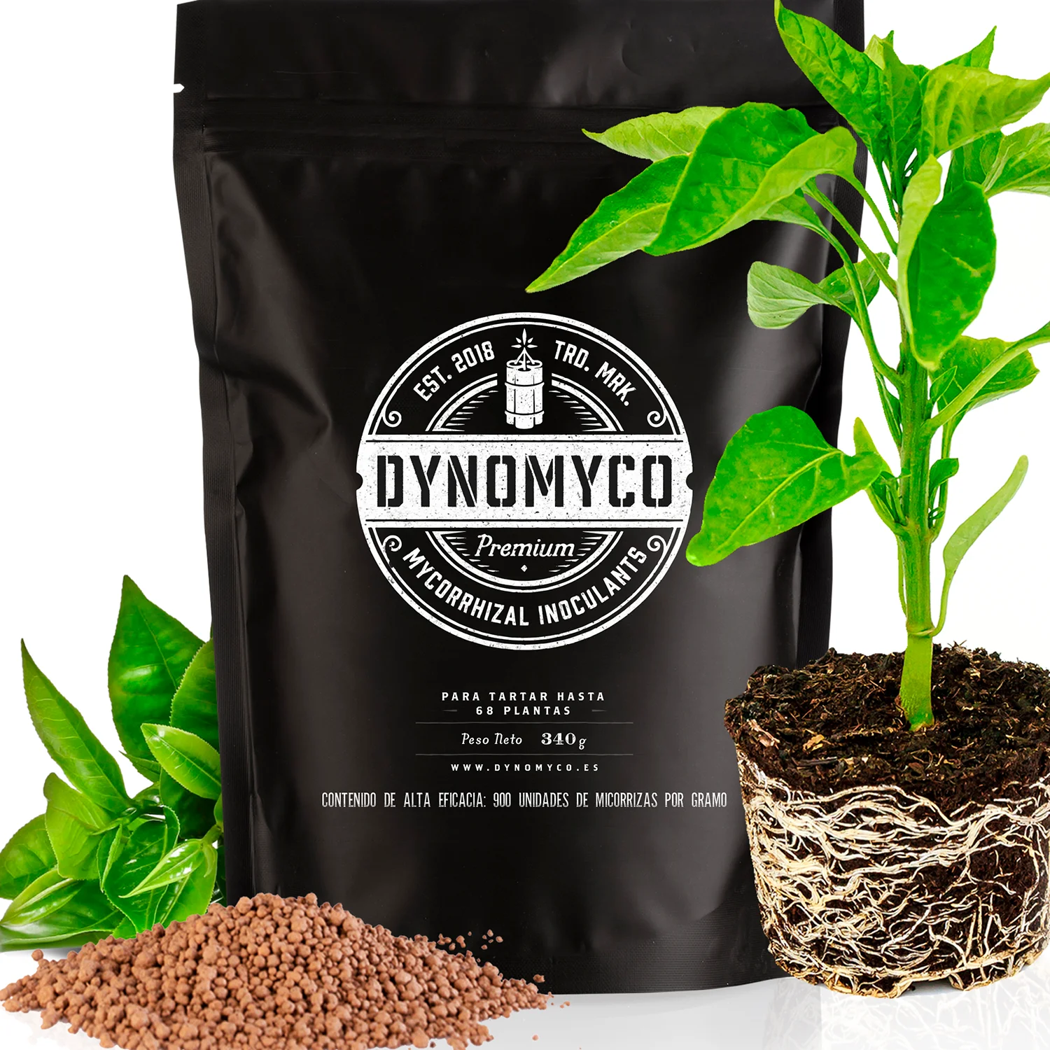 Inoculante de micorrizas DYNOMYCO® – Cepas de alto rendimiento – Fórmula concentrada – Mejora la absorción de nutrientes – Aumenta el rendimiento de las plantas 340 Gramos - Hasta 48 Plantas