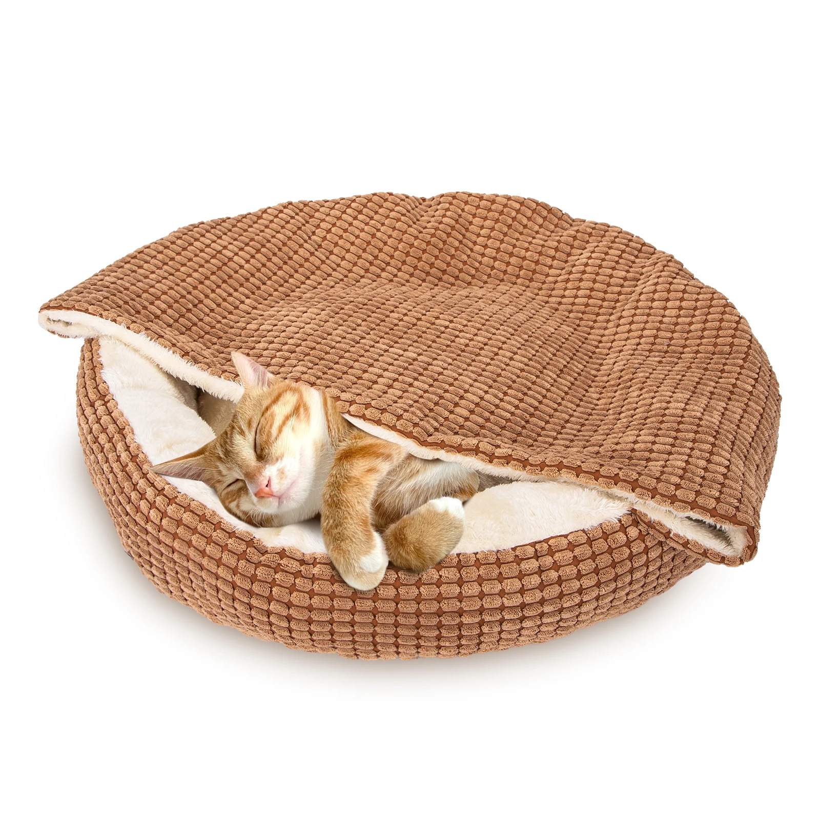 Nobleza Cama para Gatos con Manta, Cama Perros Pequeños, Cama Perro Redondo Cama Gato Esponjoso y Lavable Cama para Mascotas Antideslizante, Marrón, 65x58x16cm