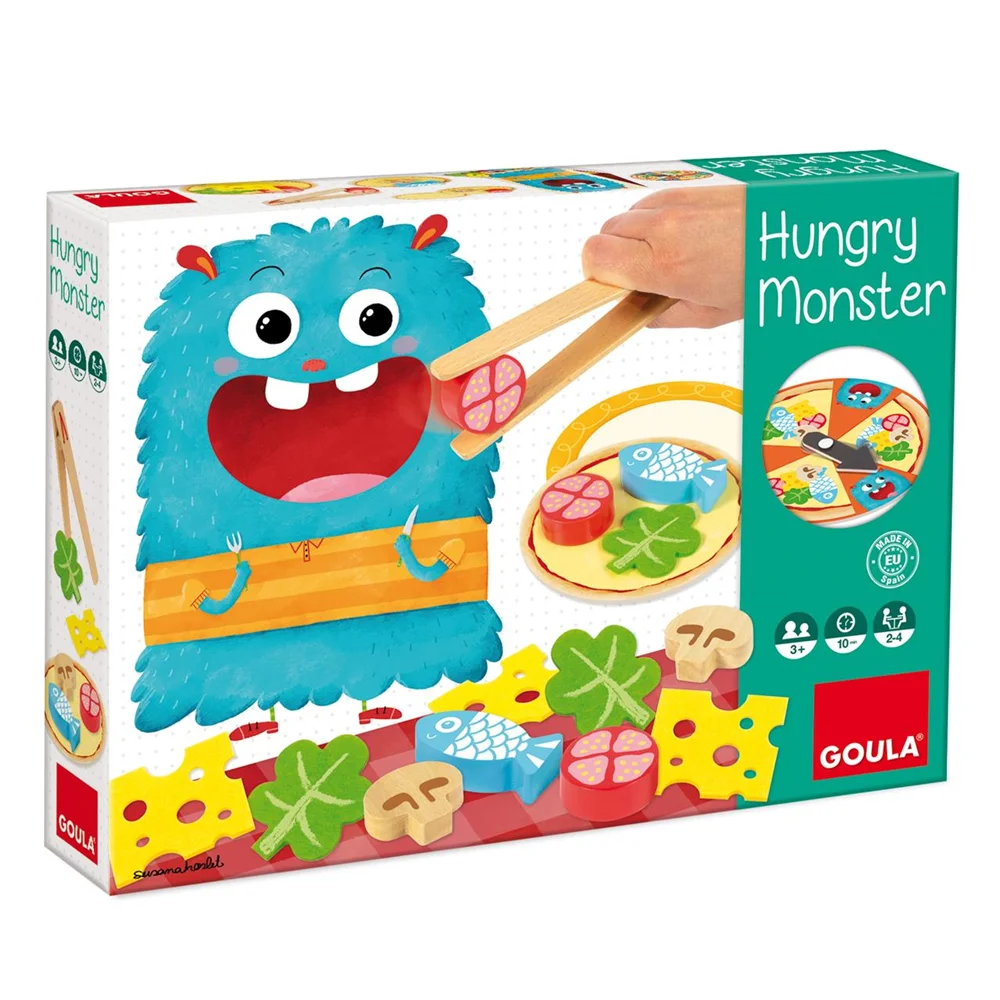 Juego de destreza Hungry Monster de madera Goula, prepara la pizza antes de que el monstruo tragón se lo coma (Diset 53172)