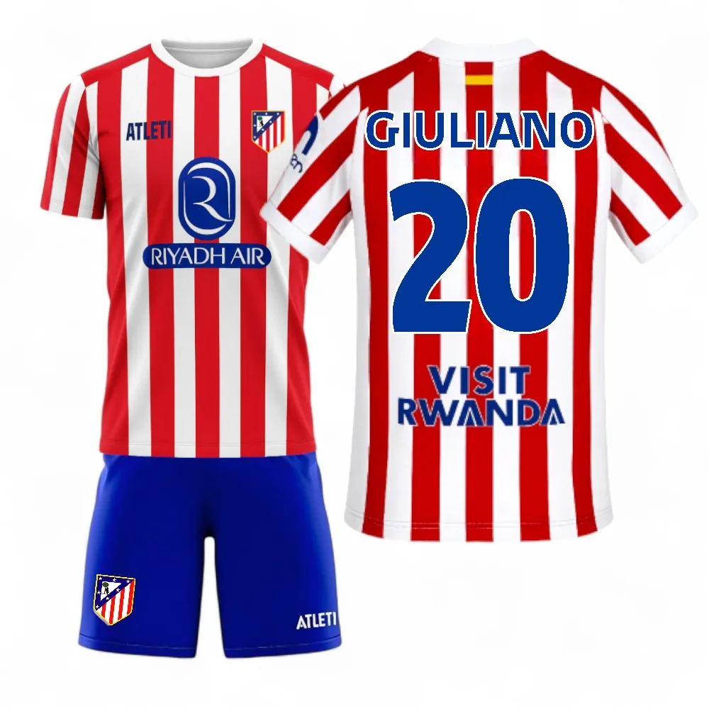 Atletico de Madrid - Camiseta + Pantalon Oficial Giuliano 20 | Temporada 25-26 | Primera Equipación | Rayas Rojas y Blancas | Licencia Oficial |