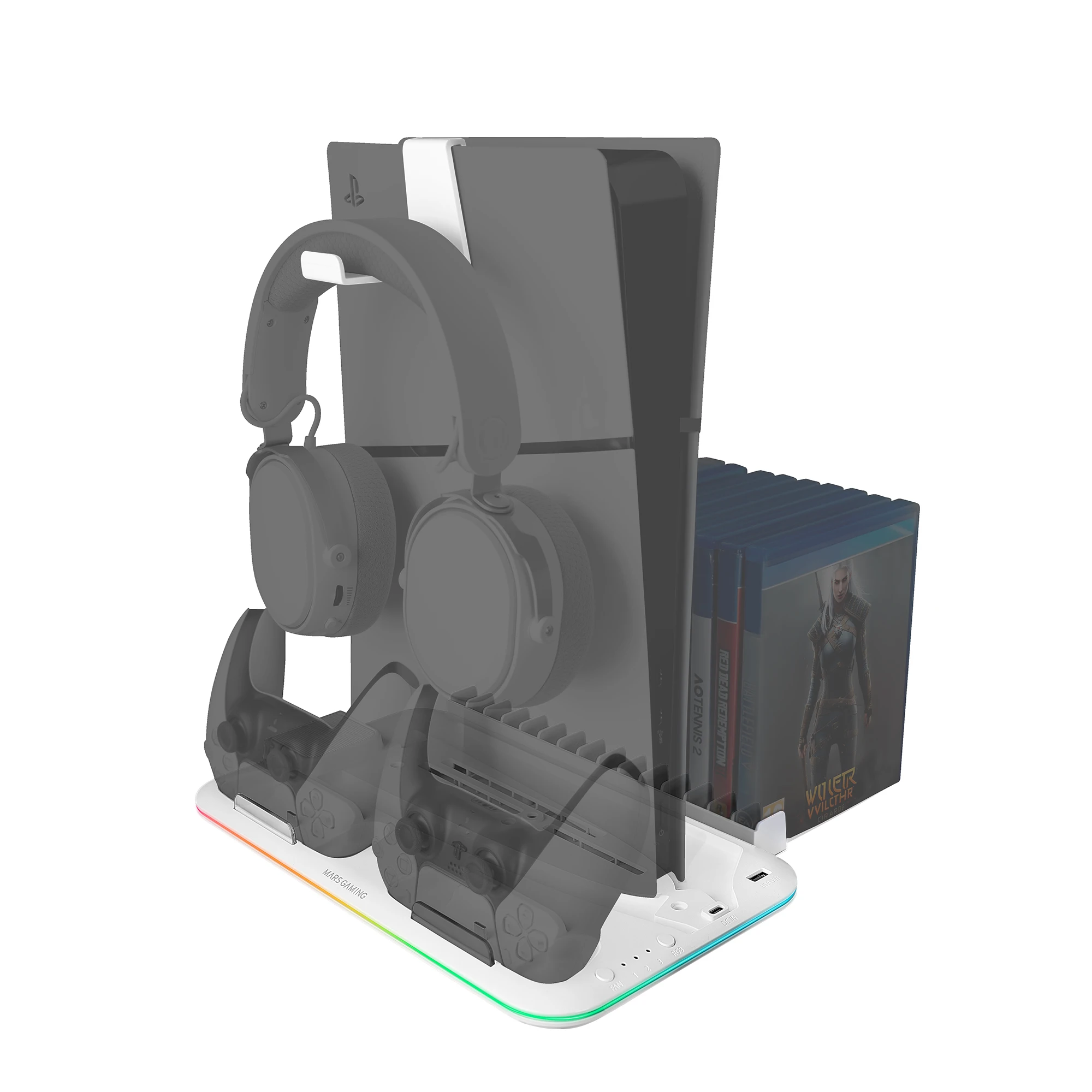 Mars Gaming MPS5-B2 Soporte RGB para PS5 Slim Estándar y Digital, 1x Ventilador, Cargador Doble de Mandos, Soporte PS5 con Iluminación Neón RGB, Organizador Videojuegos + Soporte Auriculares, Base Stand PS5 Blanca