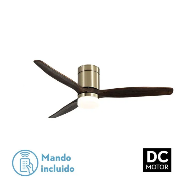 ABRILA - Ventilador de techo con luz LED 18W motor DC modelo AGUILON Bronce, 3 tonalidades, 3 aspas Roble, 5 velocidades, mando a distancia, memoria, 
