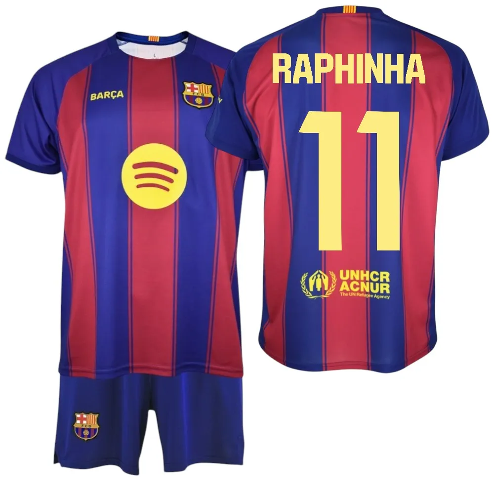 F.C Barcelona - Conjunto Camiseta y Pantalón Niño - Jugador RAPHINHA Nº11 - Diseño Blaugrana Clásico - Escudo Bordado - Tejido Transpirable - Ideal para regalo