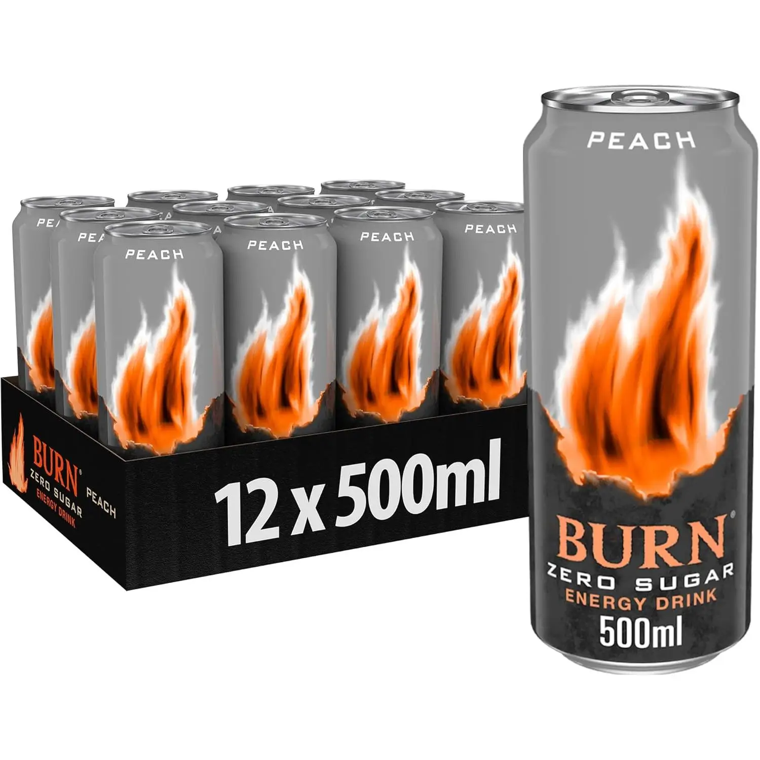 Burn Energy ZERO PEACH sabor a melocotón (durazno) Bebida Energética, Pack 12 latas de 500 ml SABOR TOP AUTENTICO