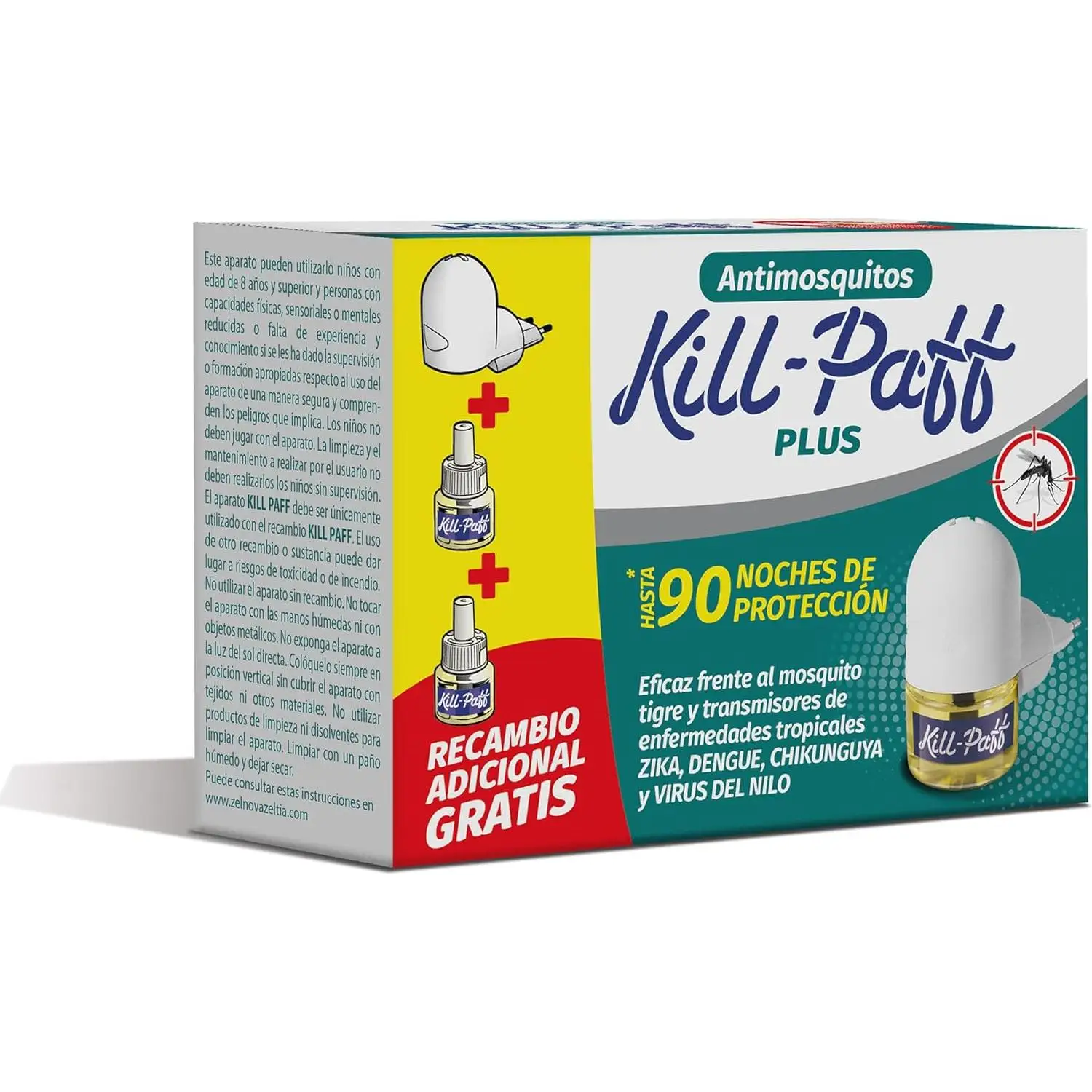 Kill Paff - Insecticida Eléctrico Antimosquitos - Eficaz Contra Mosquito Tigre Difusor - 90 Noches de Protección
