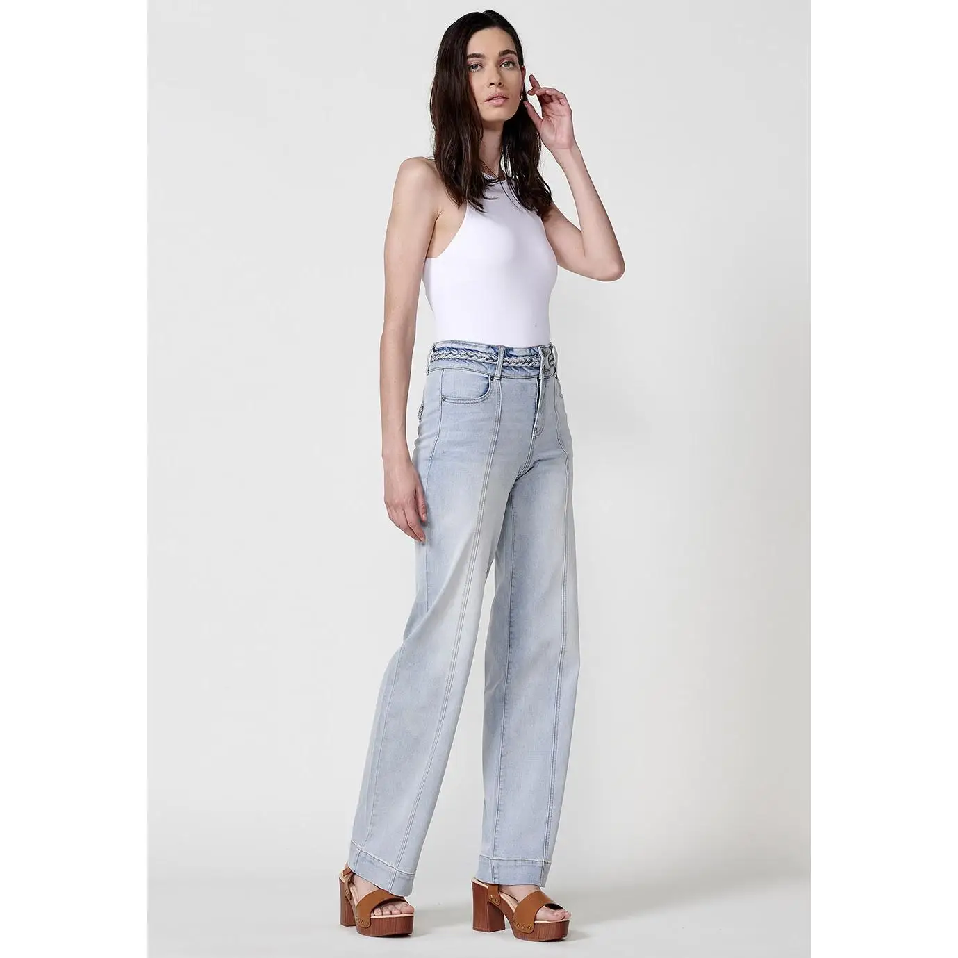 Koroshi Pantalón Mujer ancho denim con detalle de trenzas – Koroshi azul claro