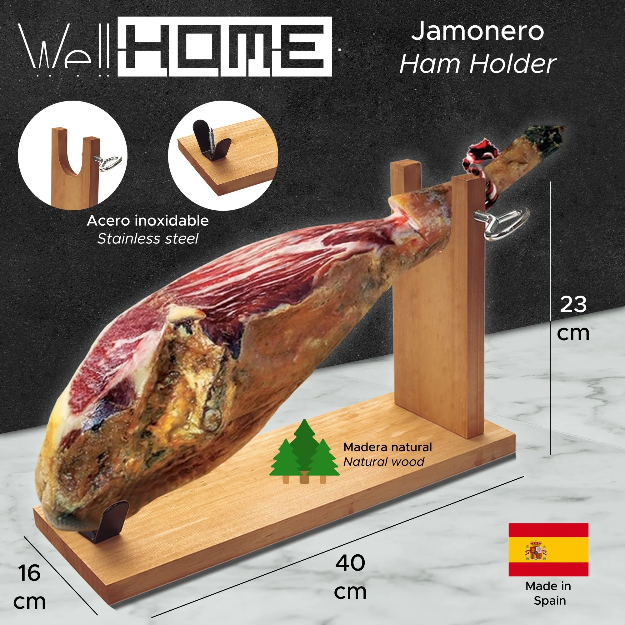 WellHome Wood ham holder with V hardware 40x16x23cm, skewer and hoof attachment, ham knife set (25cm) and Chaira (21cm) high quality stainless steel and cover