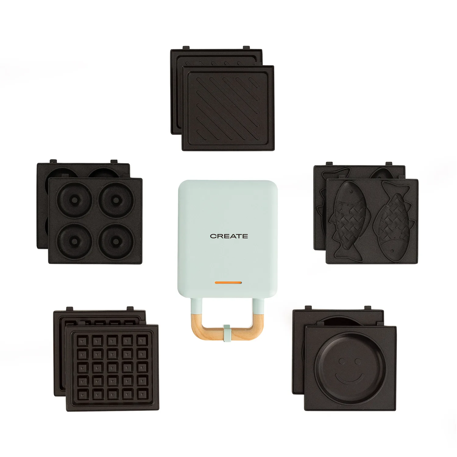 CREATE - Sandwichera grill y gofrera + Placa Taiyaki + Placa tortitas pancake + Placa donuts - Pack STONE STUDIO Individual