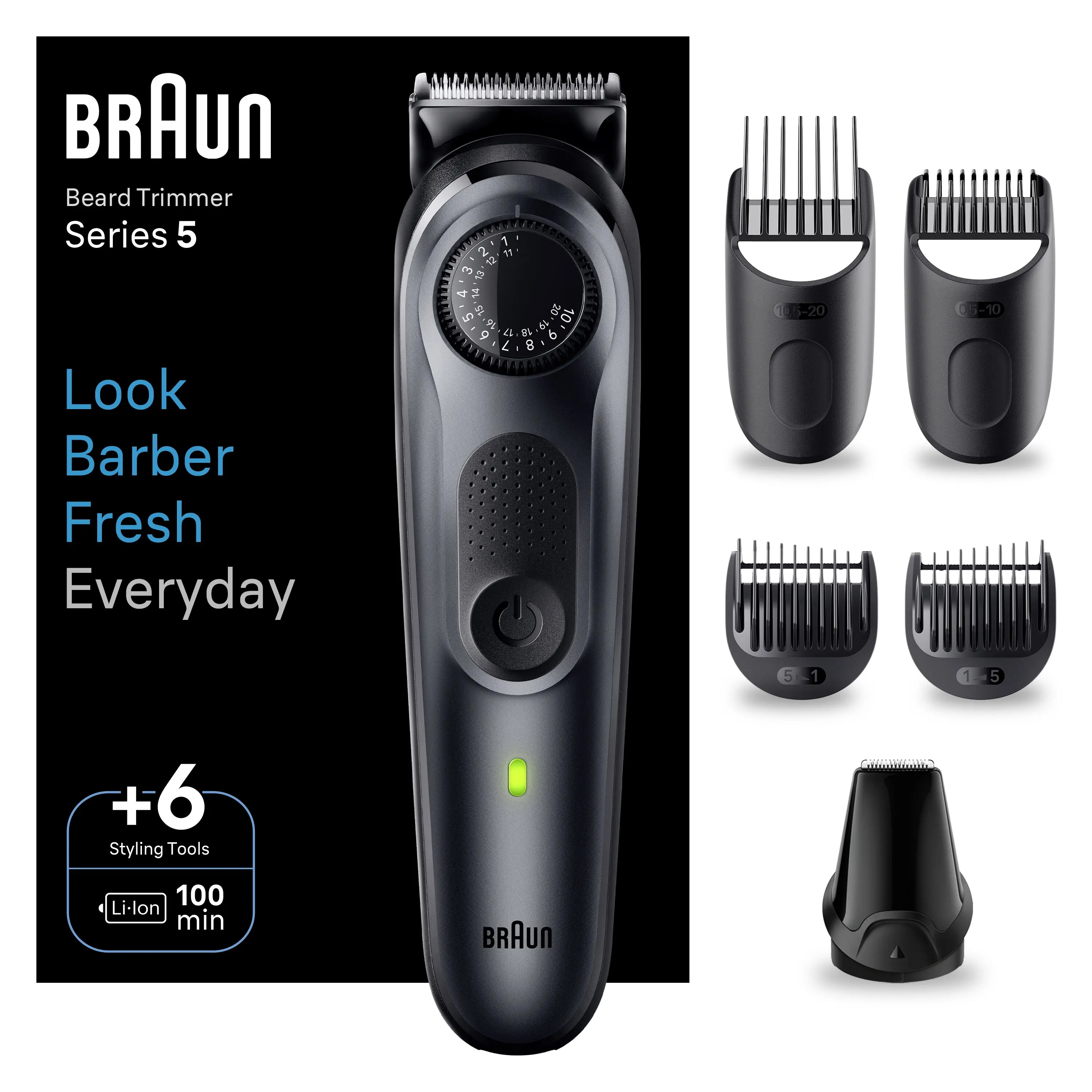 Braun Series 5, recortadora de barba con lámina ultraafilada, 40 ajustes de longitud, 120 min de autonomía inalámbrica, funda, accesorios para conseguir tu estilo, estuche. Producto Europeo con Garantía Oficial.