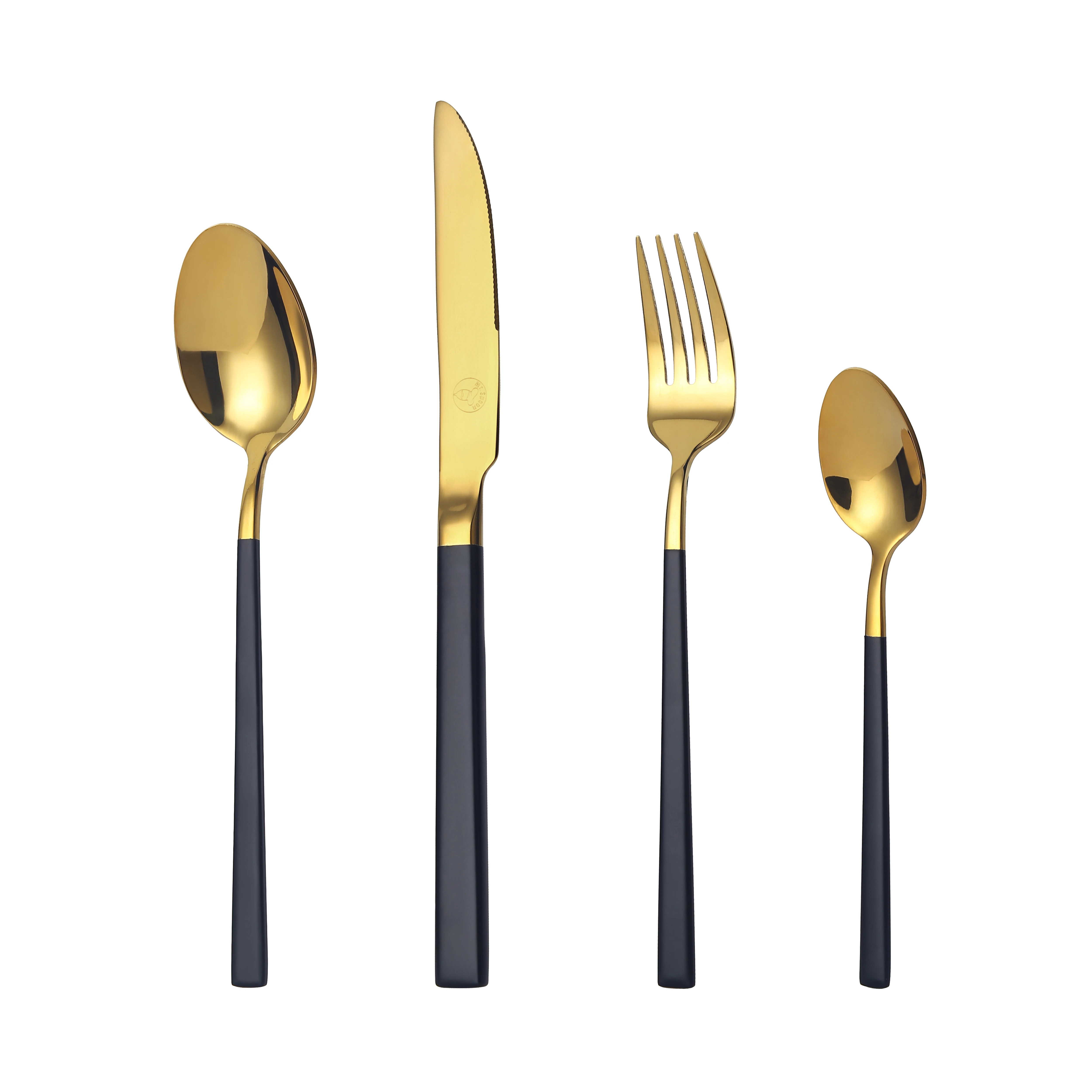 Mr.Spoon Juego 24 piezas cubiertos, Acero inoxidable 18/0, Color Dorado, Mango Negro,Incluye cuchillo,tenedor,cuchara,cucharilla, Cubertería,Servicio para 6 Personas, Apto para lavavajillas. Ideas de
