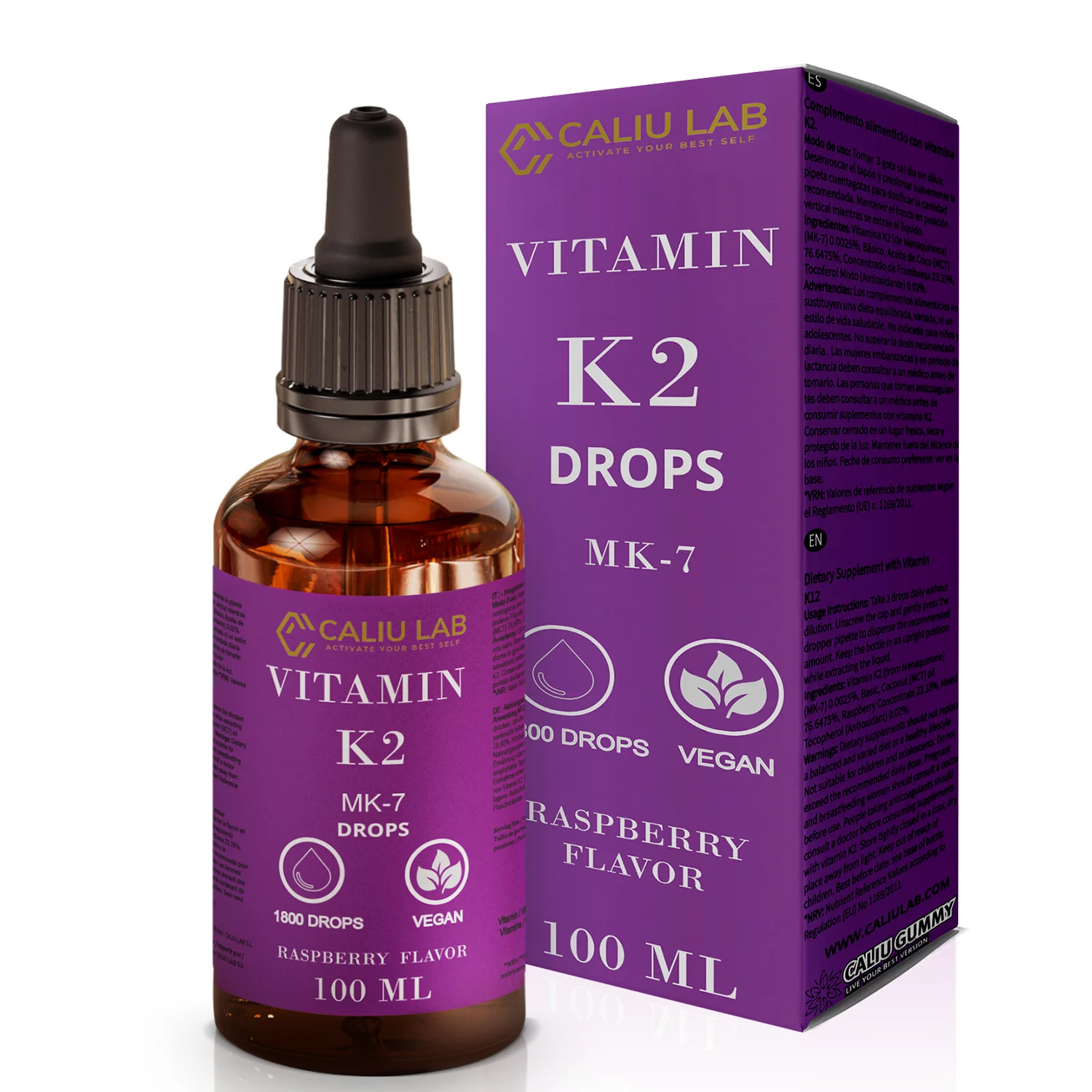 CALIU GUMMY Gotas de vitamina K2, 100 ml, altamente concentradas, con 25 mcg K2 por gota, aptas para vegetarianos, fórmula sublingual con aceite MCT, apoyo para huesos y sistema cardiovascular