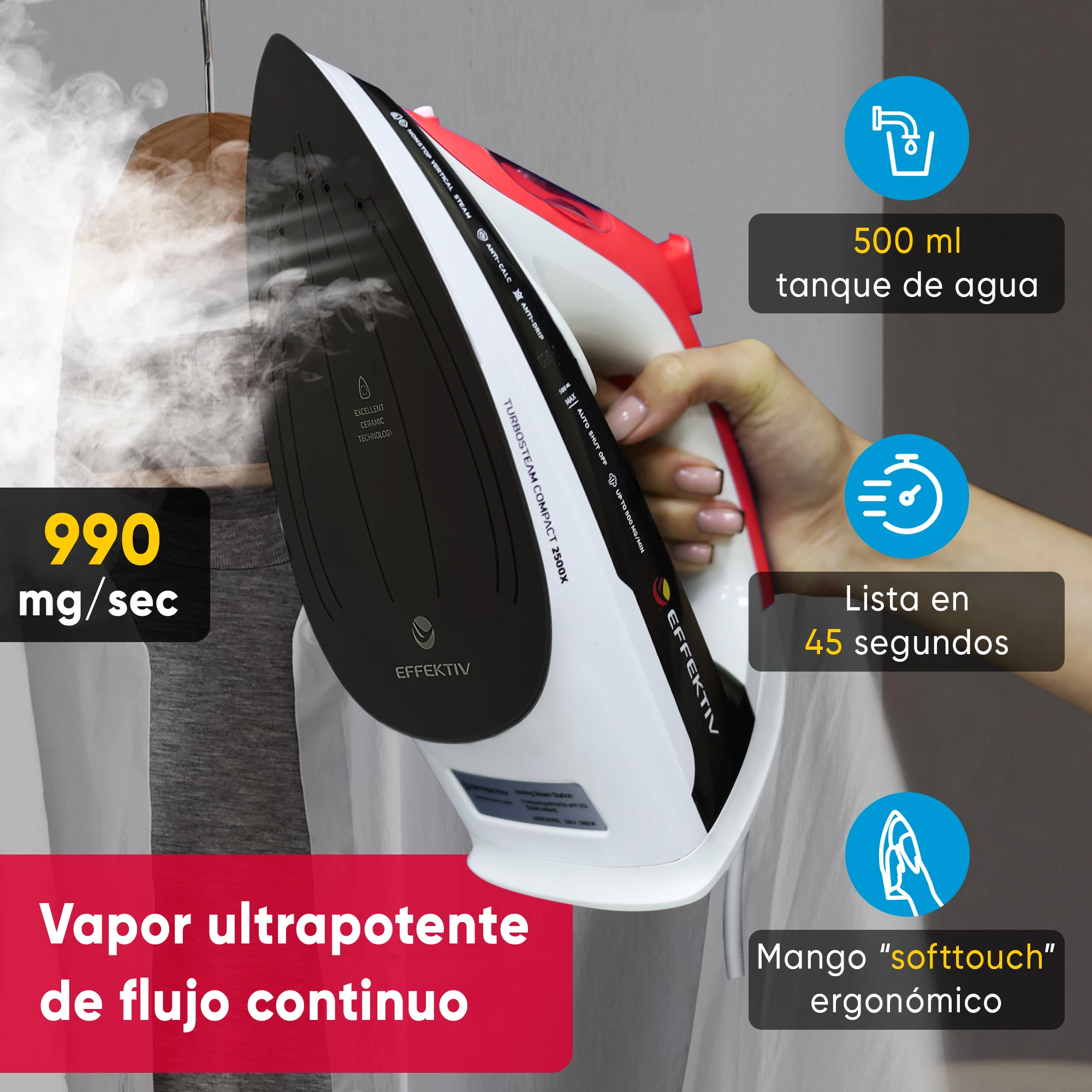 EFFEKTIV - Steam Iron 2500 X, a versatile 3-in-1 iron with ceramic soleplate, 2800W power, 5 modes including vertical steam, 990 mg/sec continuous steam, and automatic shut-off for safety, ideal for all fabric types.