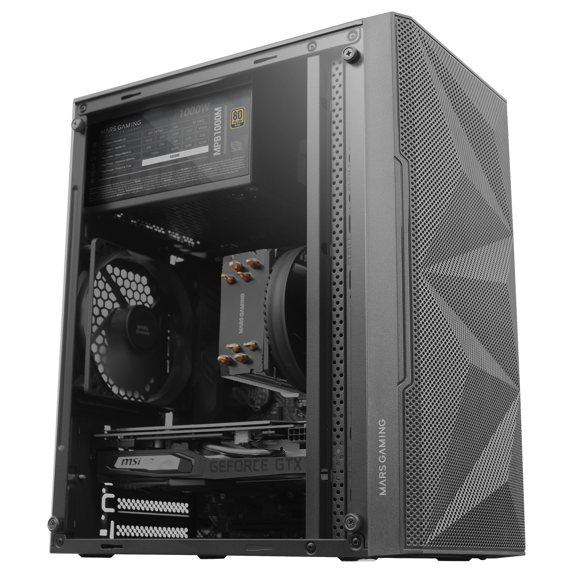 Mars Gaming MC-1500 MicroATX Compact Box Tempered Glass Side Window Full Front Design-Mesh Geometric 1x Ultra-Silent 120mm FDB Fan Black