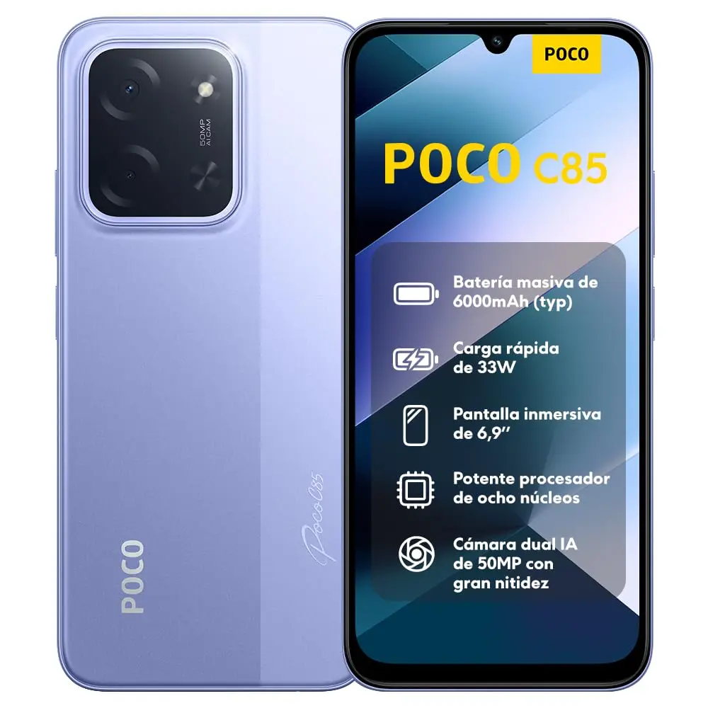 XIAOMI POCO C85 - Smartphone 6GB + 128GB, 50MP Dual AI Camera, 6.9" Display, Octa-Core Processor, 6000mAh Battery, 33W Fast Charging, 4G Connectivity, Xiaomi HyperOS 2, 1600 x 720 Resolution, Cargador no Incluido.