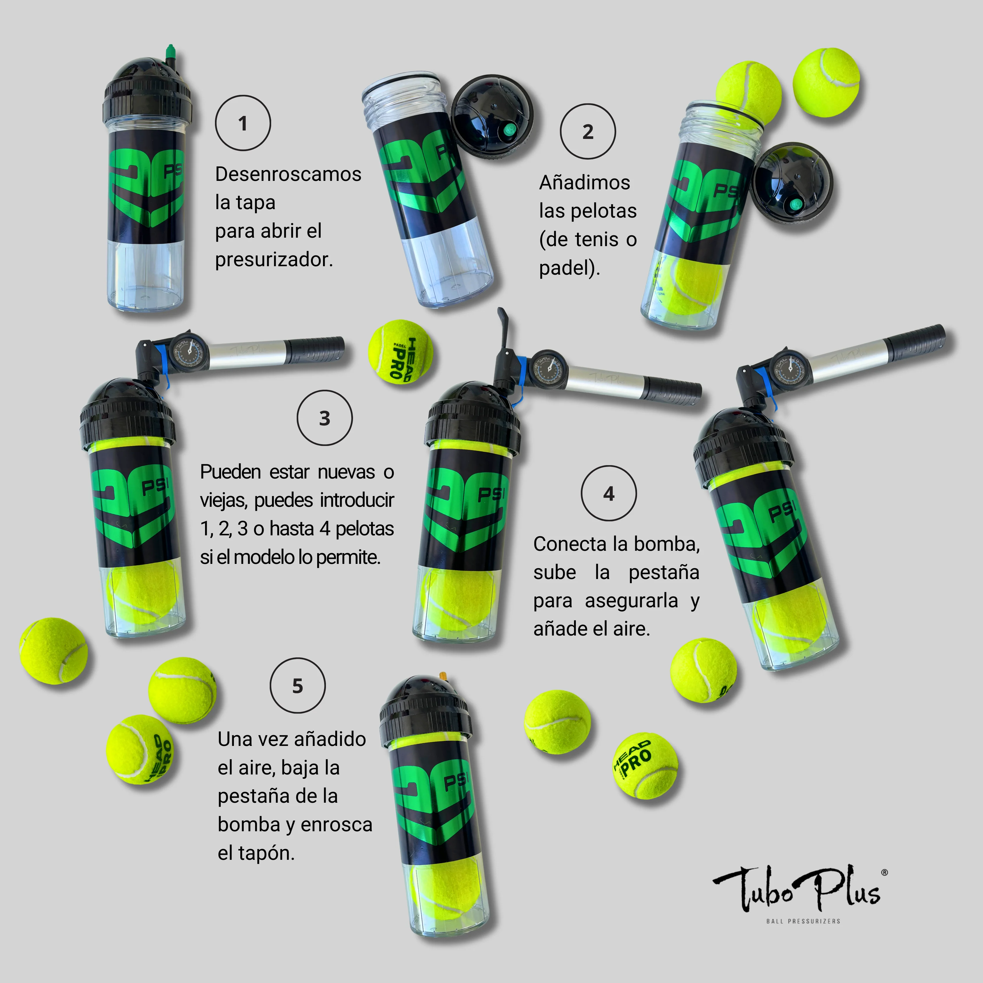 Tennis ball pressurizer and paddle TuboPlus 29PSI X3-e + air pump 22cm recovers the Original pressure of the balls latest technology capacity for 3 balls